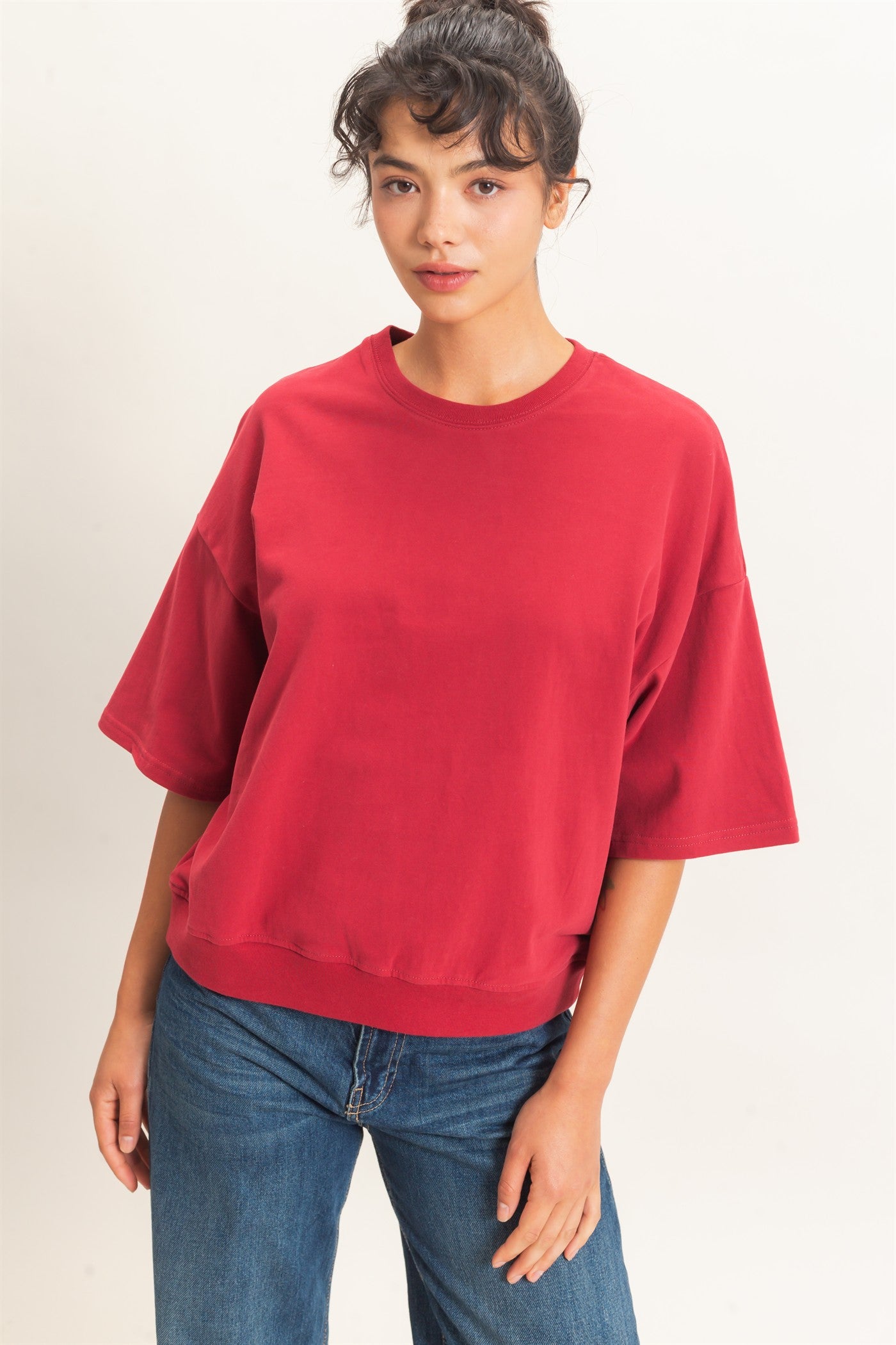 Wholesale Washed Crew Neck Short Sleeve Top Clothing Tops DZ26E381 DARK RED DOUBLE ZERO