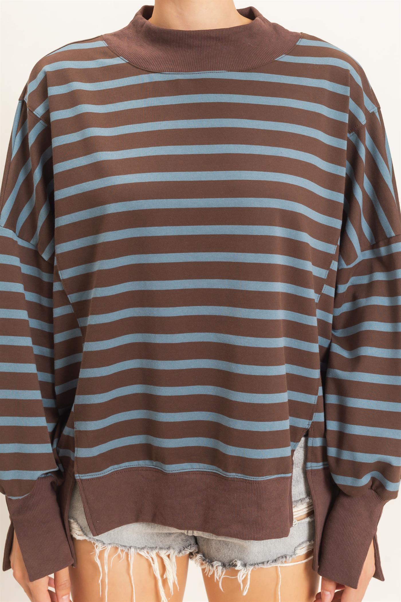Wholesale Striped Mock Neck Sweatshirt Sweatshirts HF27A178-D BROWN/D.BLUE HYFVE