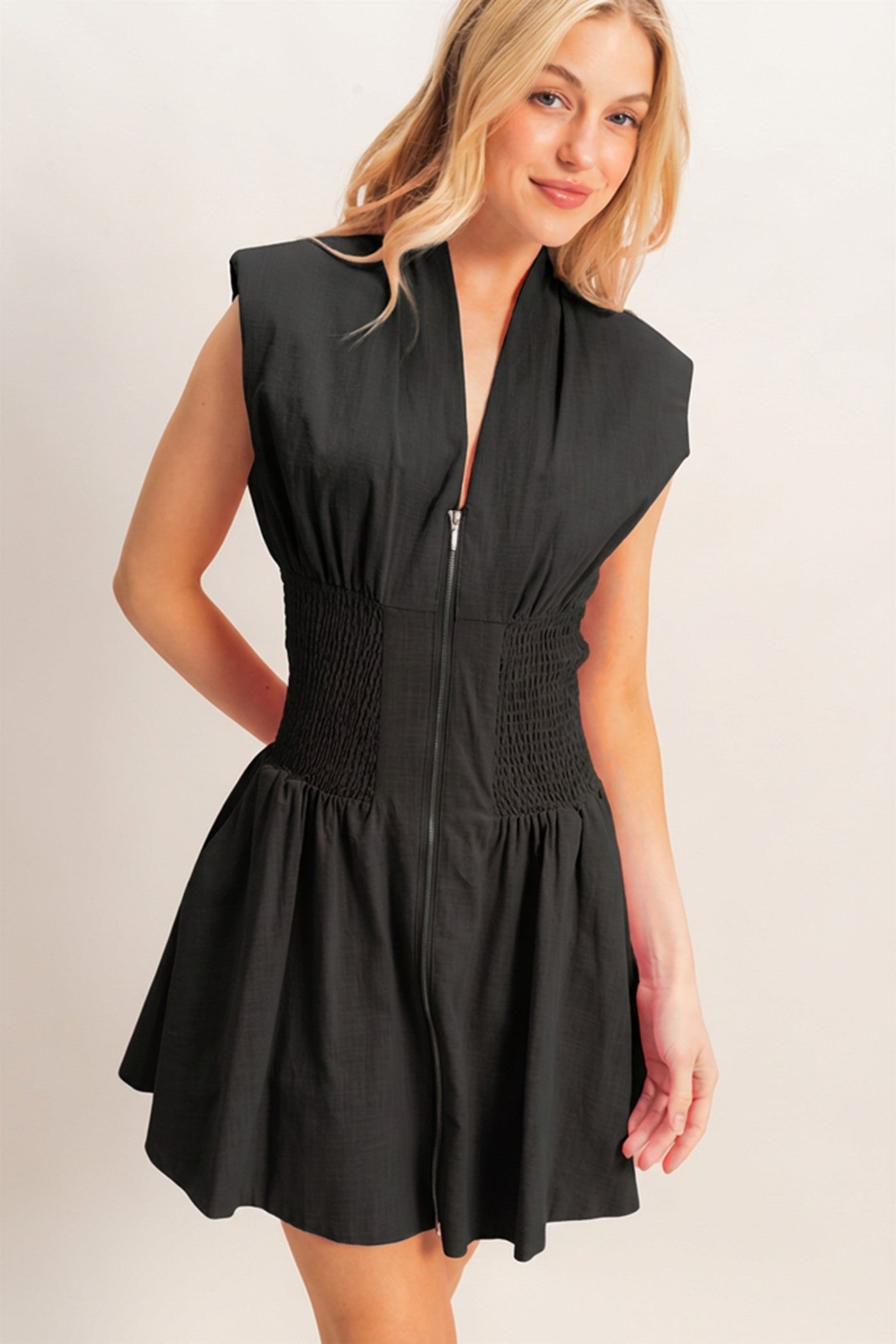 Wholesale Zip Front Shirred Waist Dress Dresses HF26A112 BLACK HYFVE