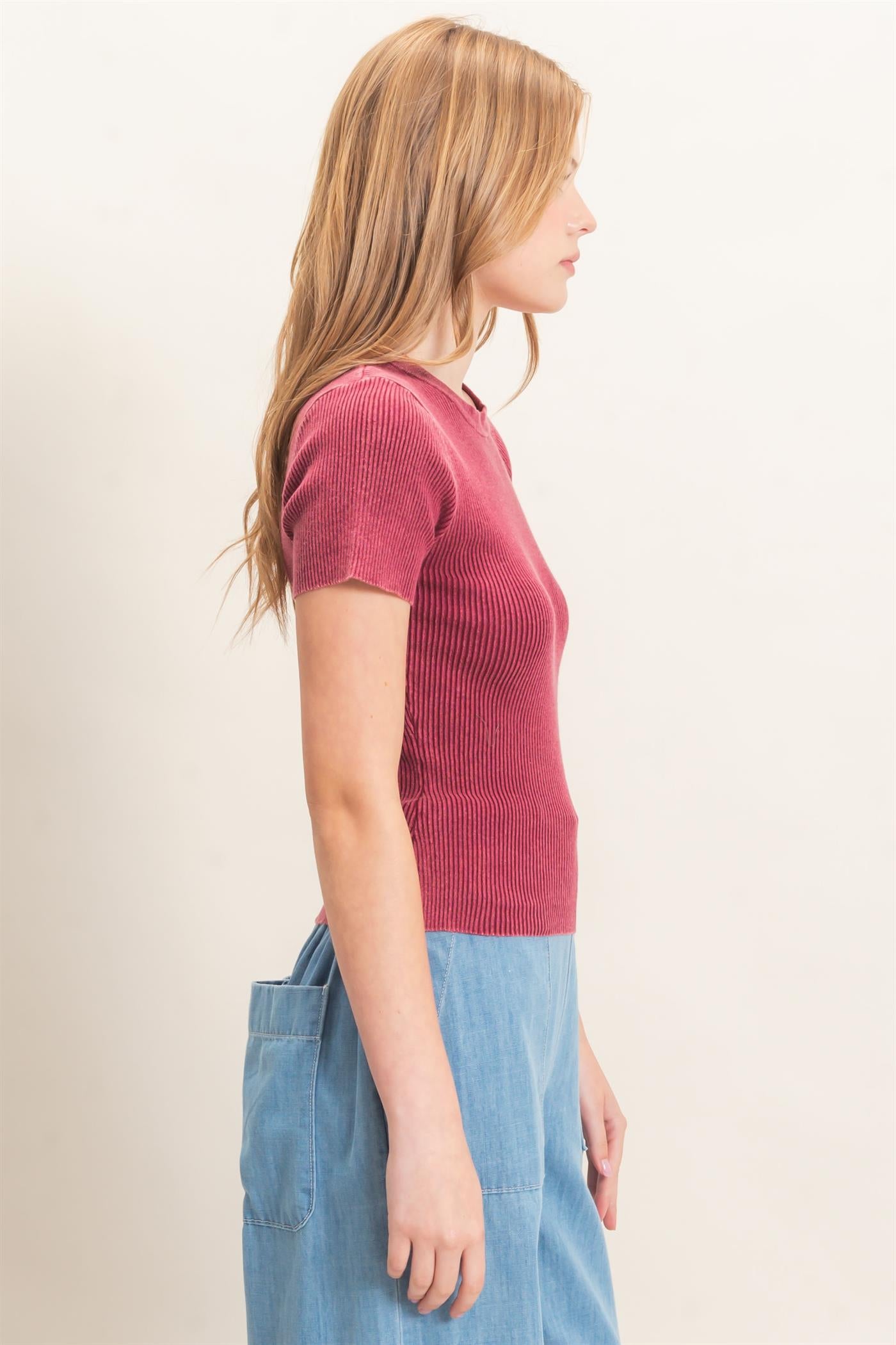 Wholesale Ribbed Crew Neck Top Clothing Tops HF26E473 DECO ROSE HYFVE