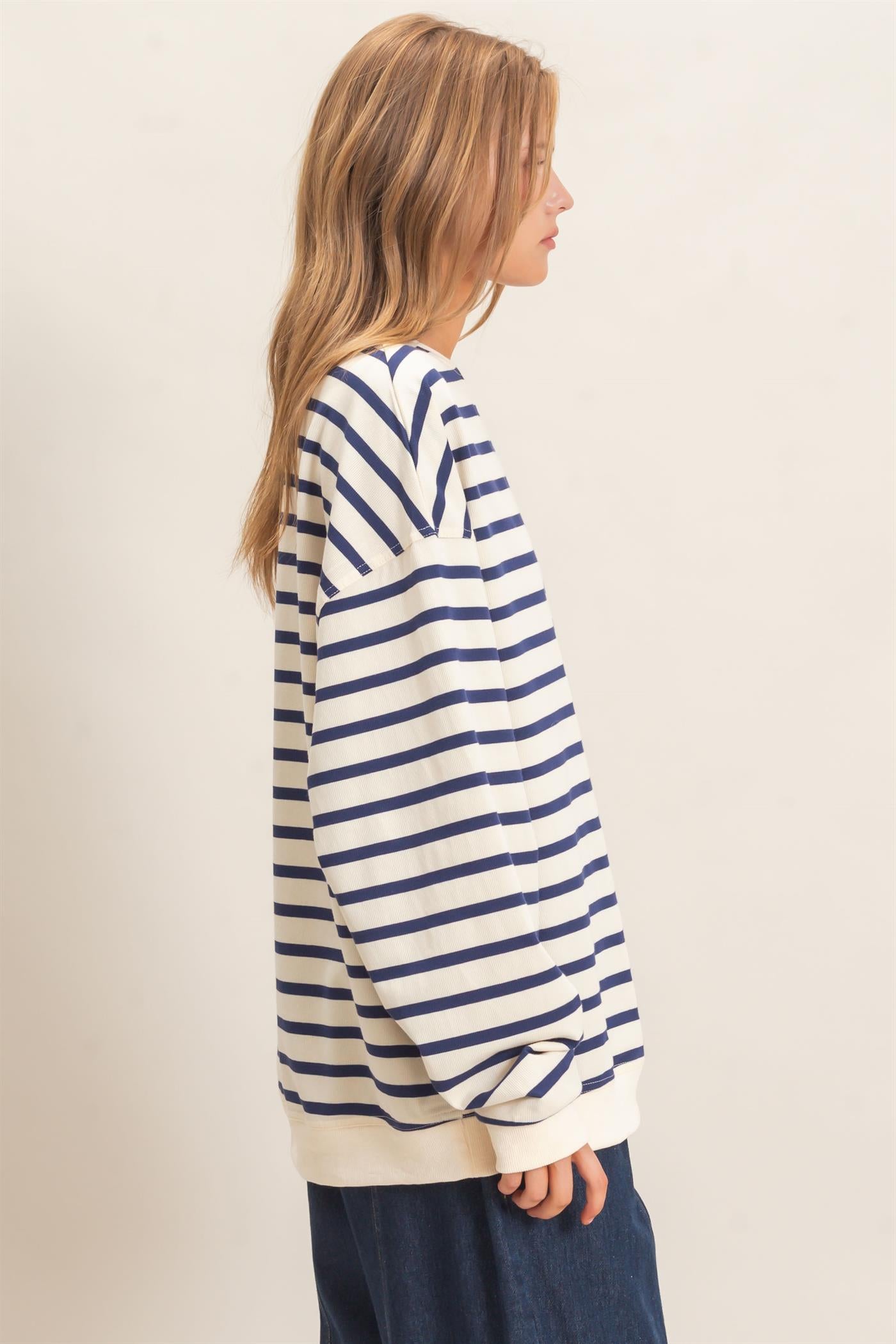 Wholesale Striped Long Sleeve Pullover Sweatshirts HF26F077 NAVY/CREAM HYFVE