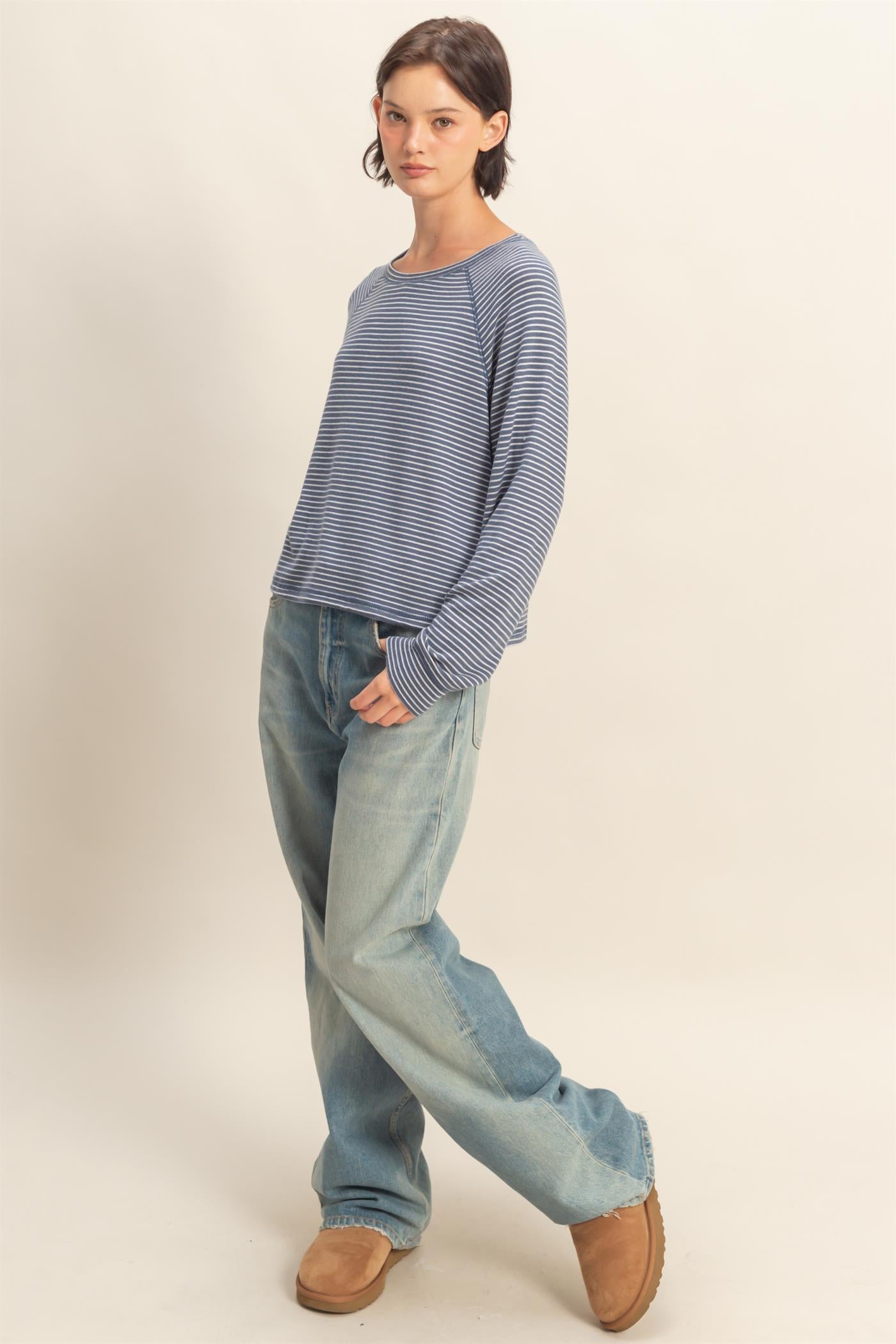 Wholesale Striped Raglan Long Sleeve Top Clothing Tops DZ25E600 DUSTY NAVY/CREAM DOUBLE ZERO
