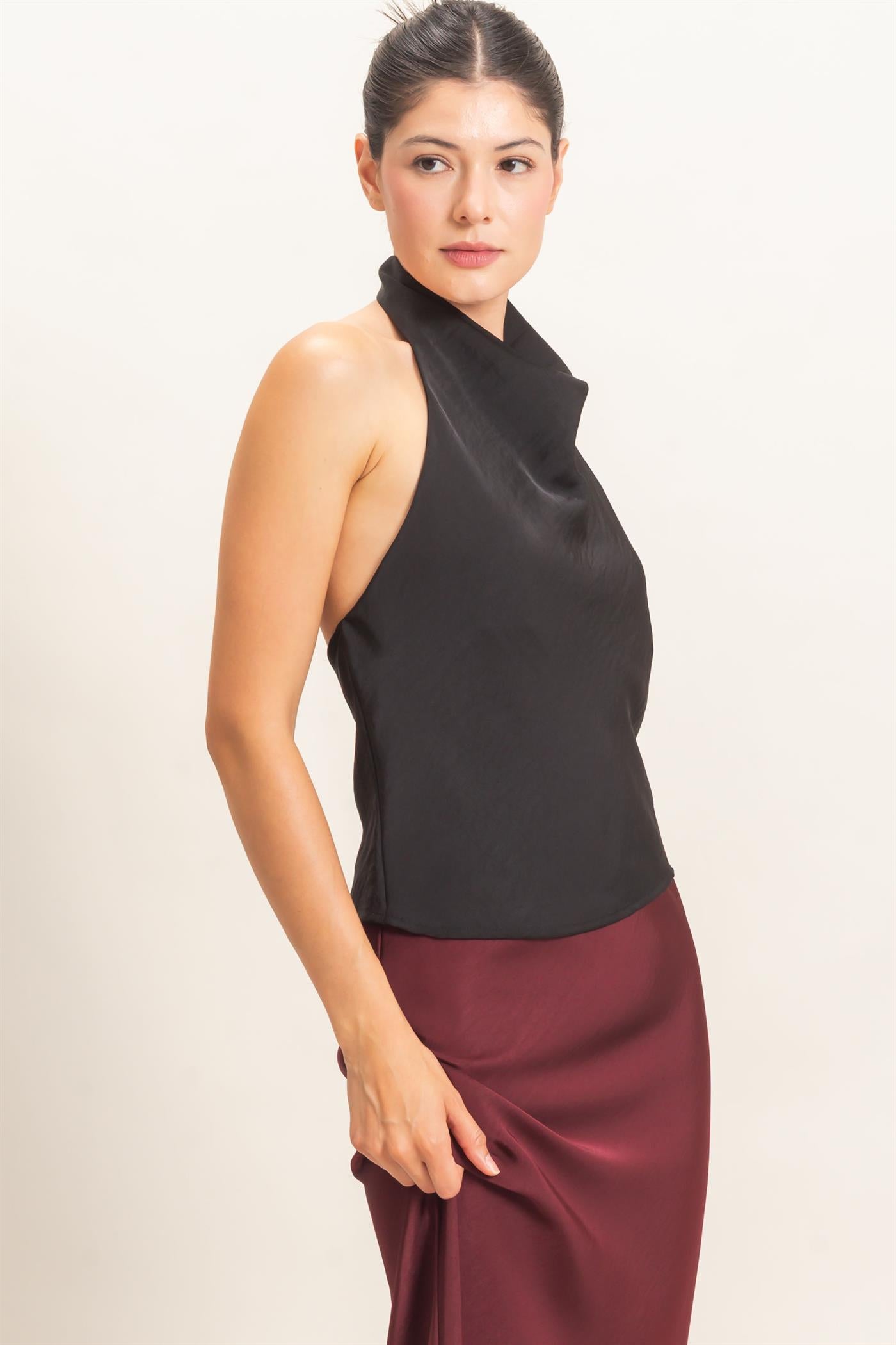 Wholesale Draped Halter Satin Top Blouses HF26E632 BLACK HYFVE