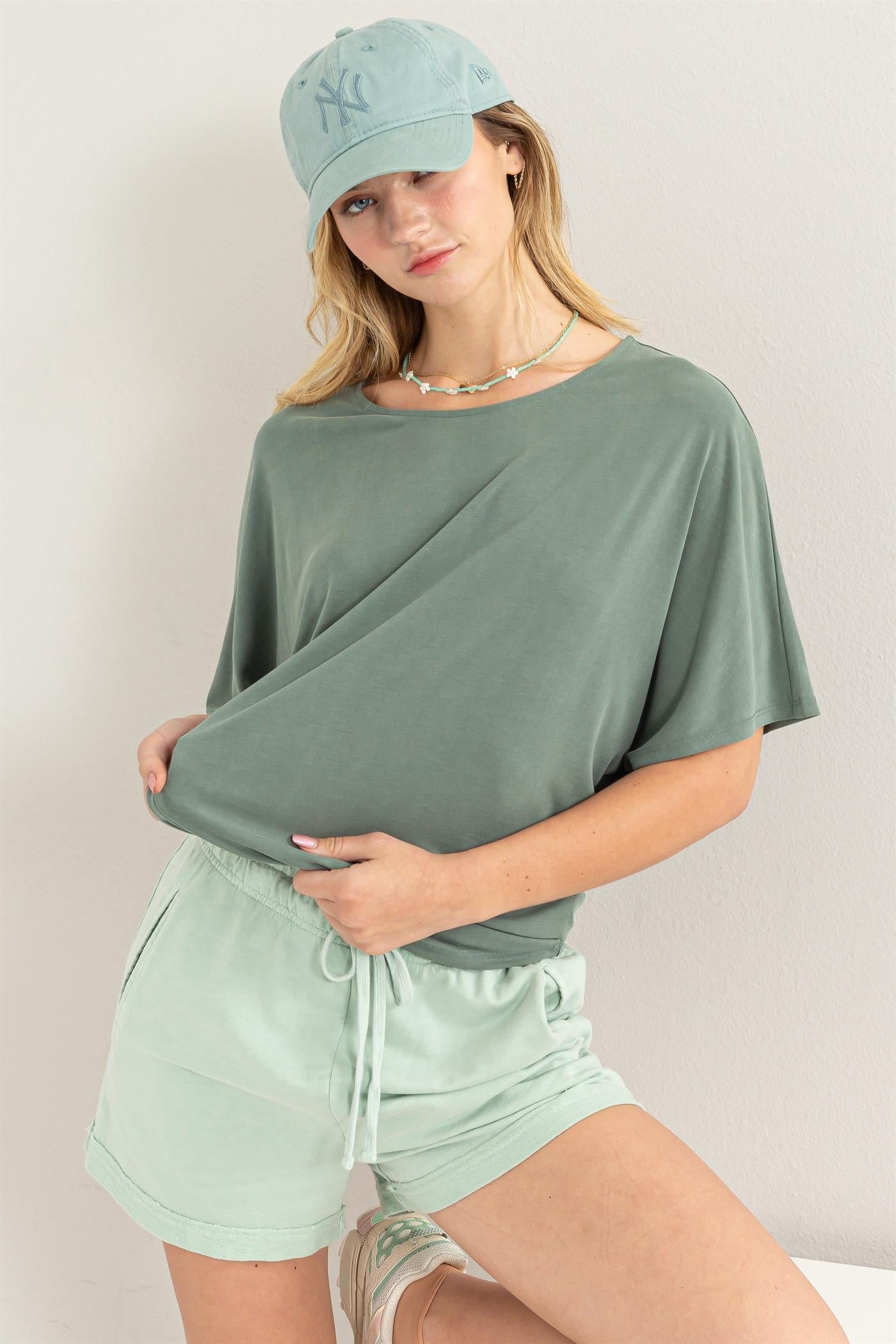 Wholesale D-Elbow Length Dolman Sleeve Top Clothing Tops DZ24C199-D GRAY GREEN DOUBLE ZERO