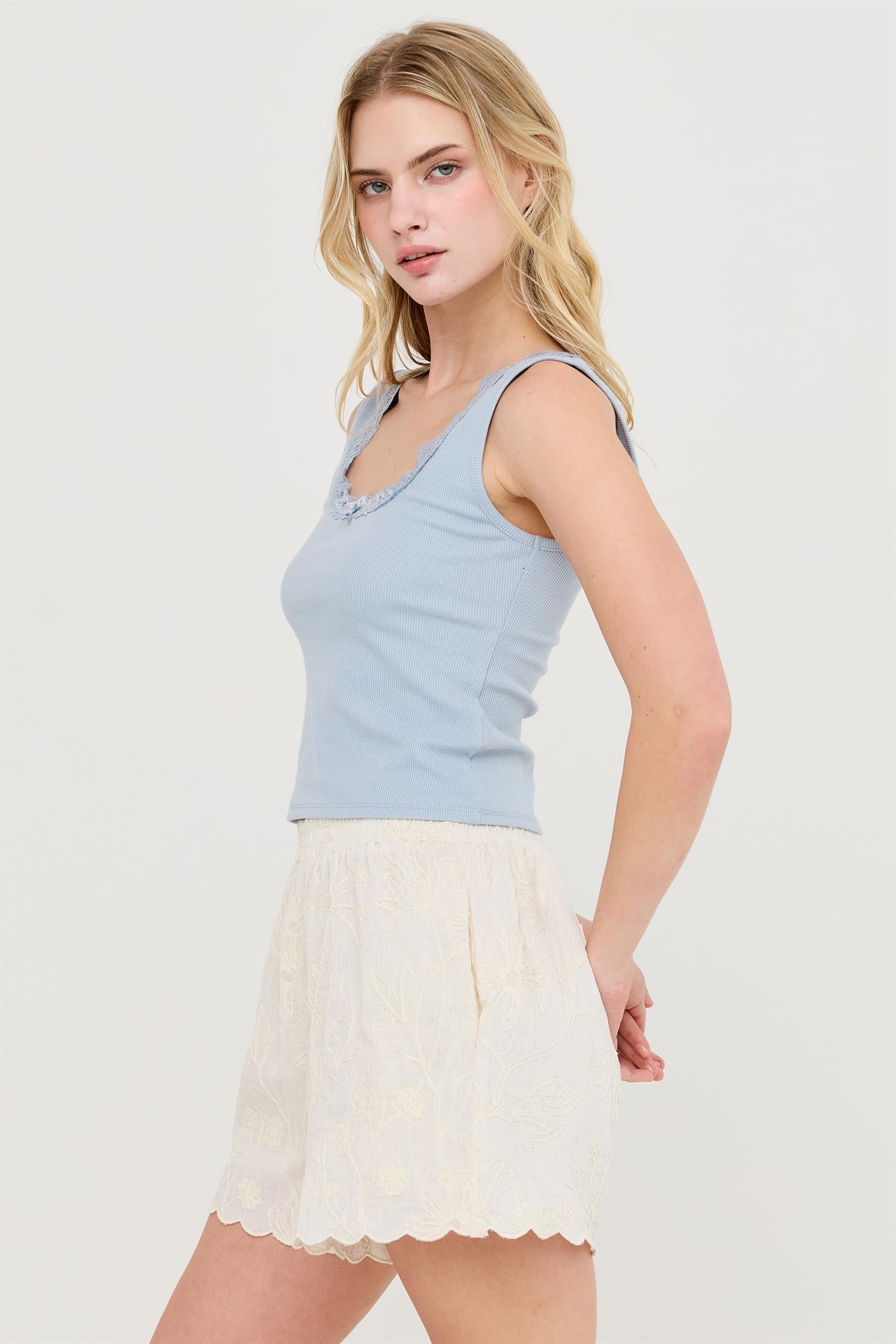 Wholesale Lace Trim Ribbed Tank Top Clothing Tops HF26A295 L.BLUE HYFVE