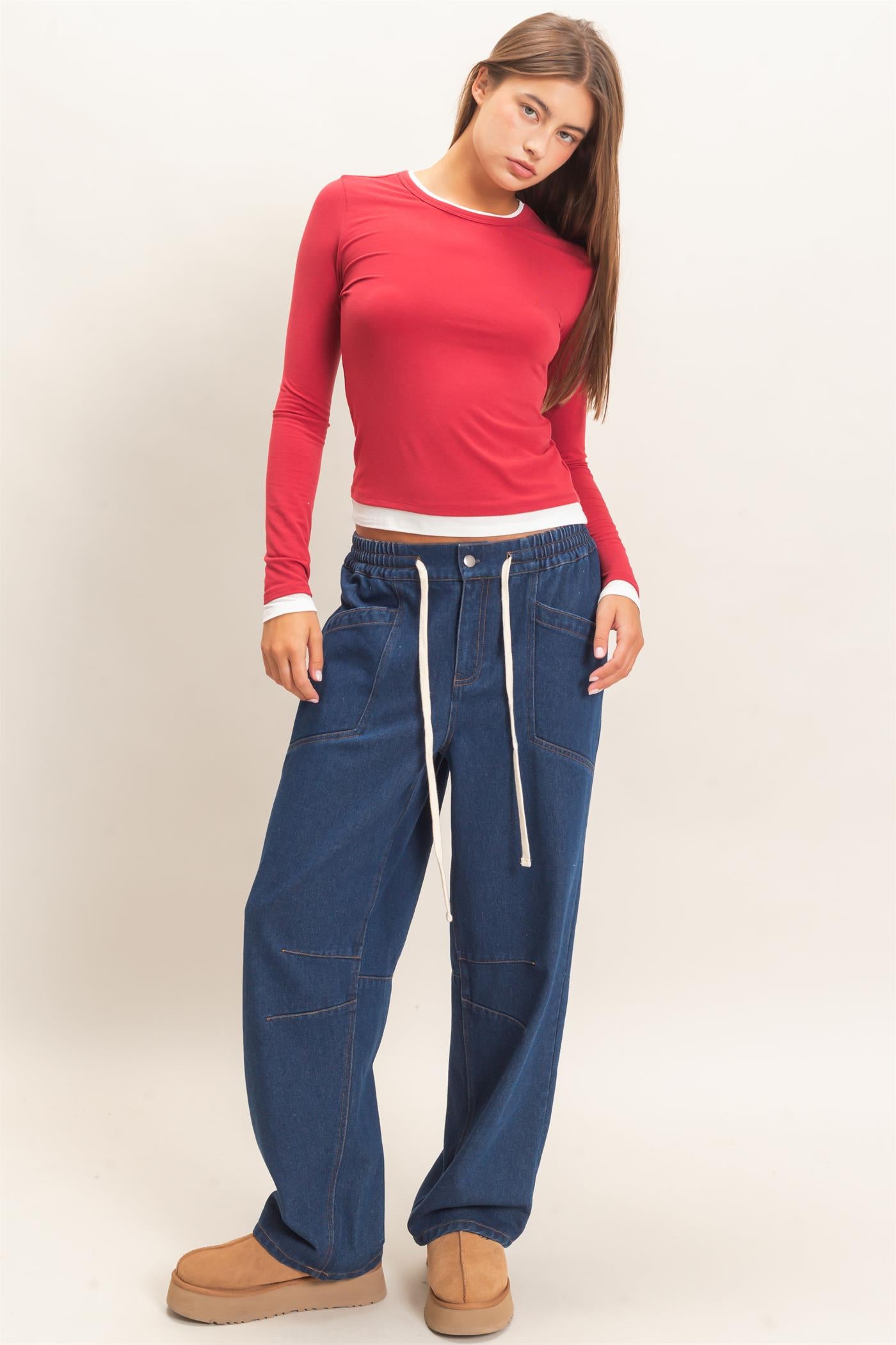 Wholesale Elastic Waist Denim Pants Pants DZ26F306 DARK BLUE DOUBLE ZERO