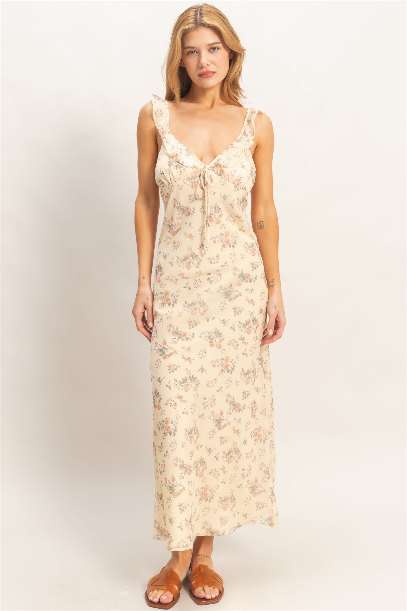 Wholesale Floral Ruffle Strap Midi Dress Dresses HF26E344 BUFF YELLOW HYFVE