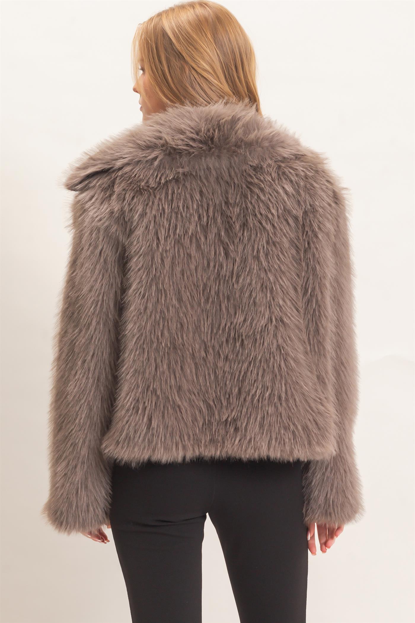 Wholesale Shawl Collar Faux Fur Jacket Outerwear HF26F207-D BROWN HYFVE