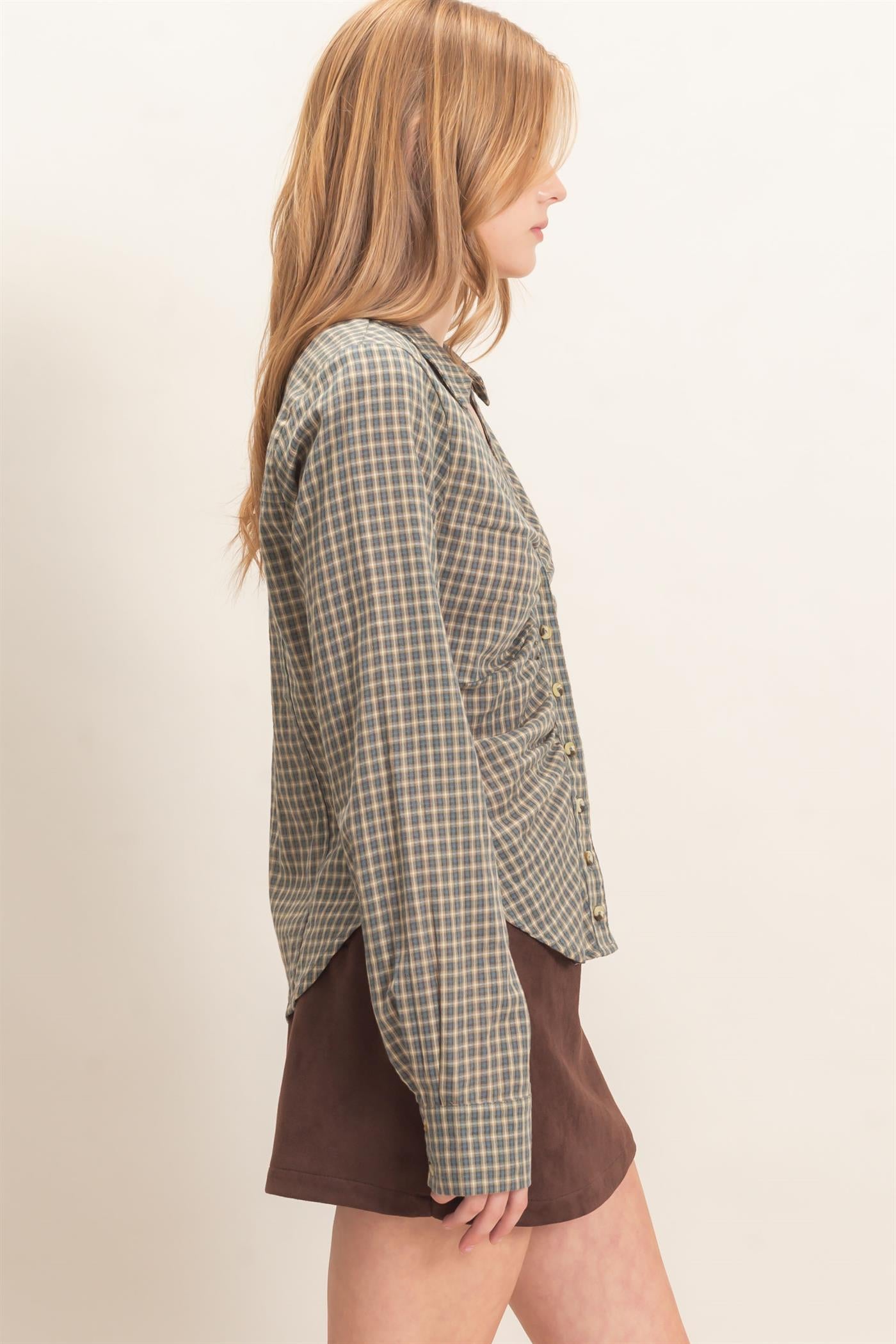 Wholesale Ruched Button-Down Shirt Blouses HF26E348 TEAL BLUE HYFVE