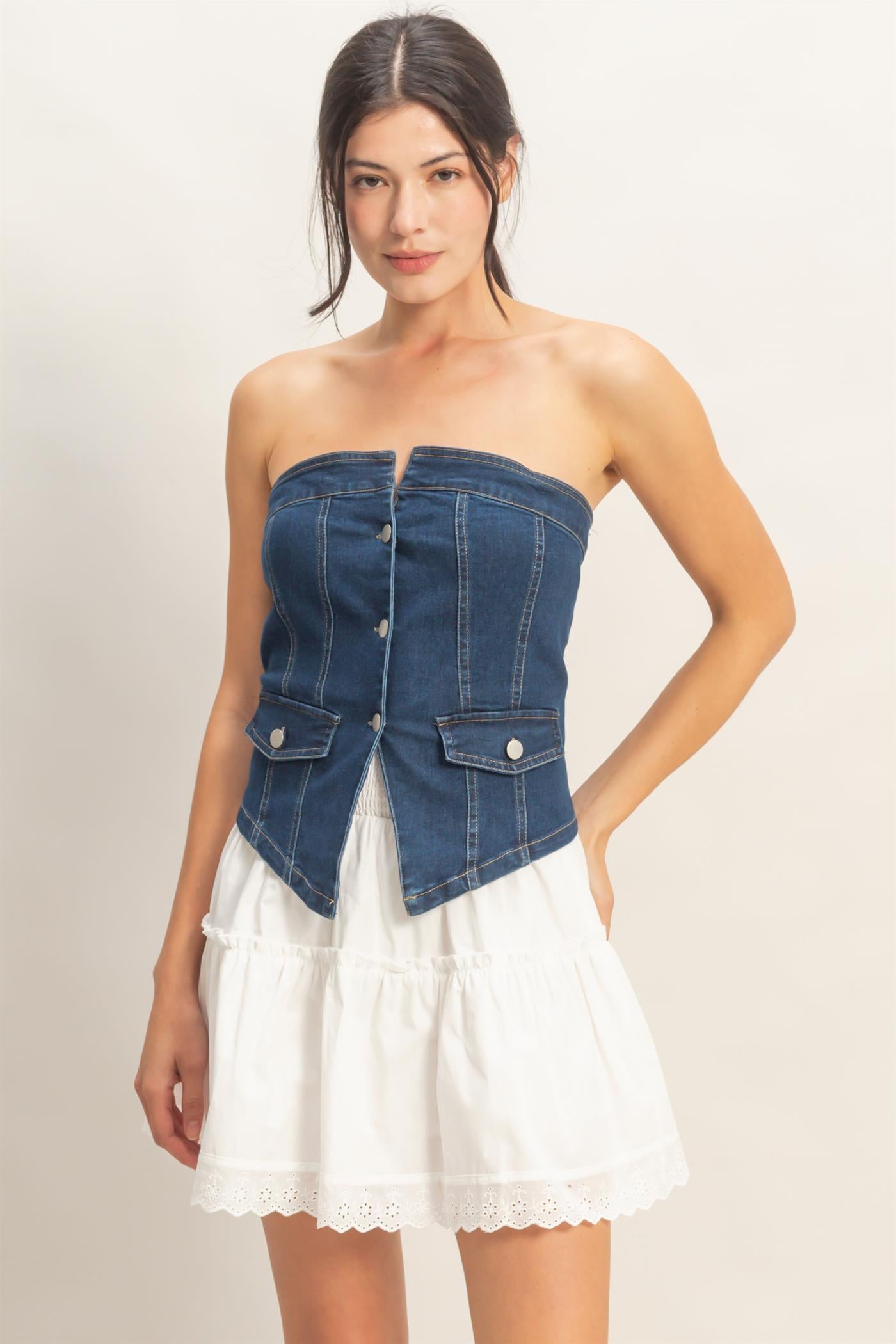 Wholesale Strapless Button-Up Denim Top Clothing Tops HF26A410 D.DENIM HYFVE
