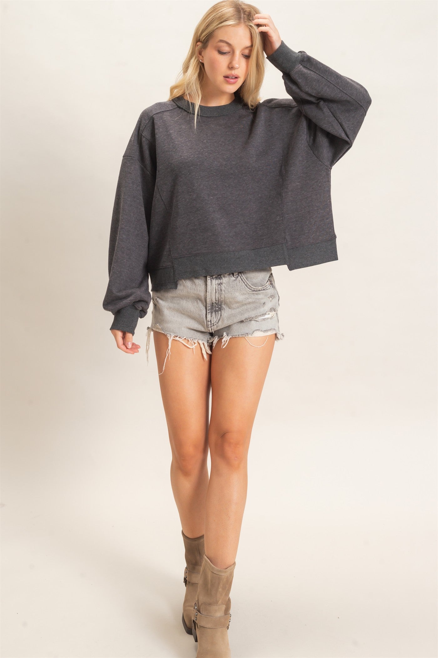 Wholesale Ribbed Crew Neck Sweatshirt Sweatshirts HF26F087 CHARCOAL HYFVE
