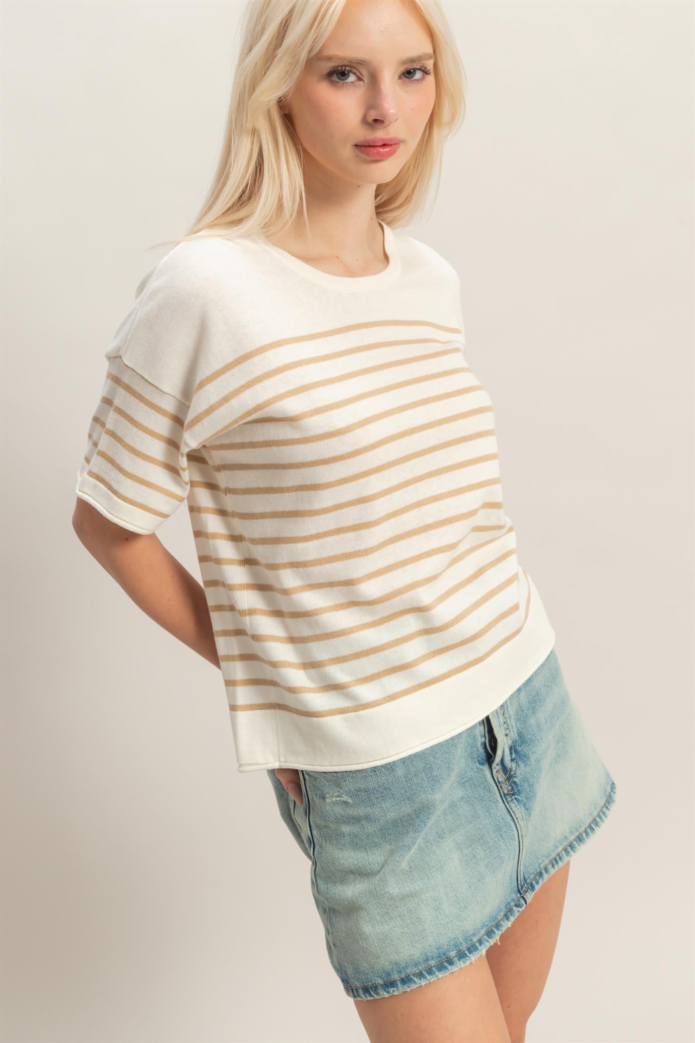 Wholesale Striped Short Sleeve Knit Top Clothing Tops DZ26A838 TAUPE DOUBLE ZERO