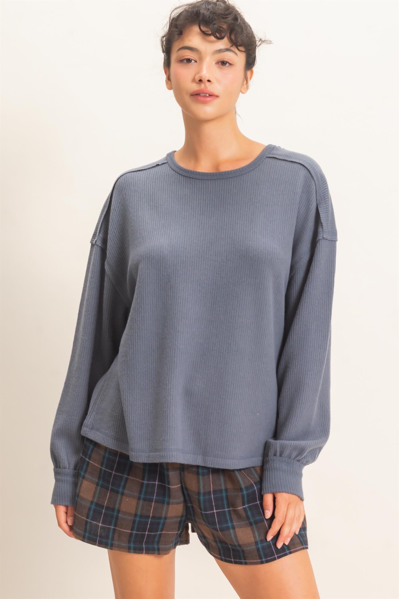 Wholesale Raw Edge Waffle Sweatshirt Sweatshirts DZ26F081 DARK GRAY HYFVE