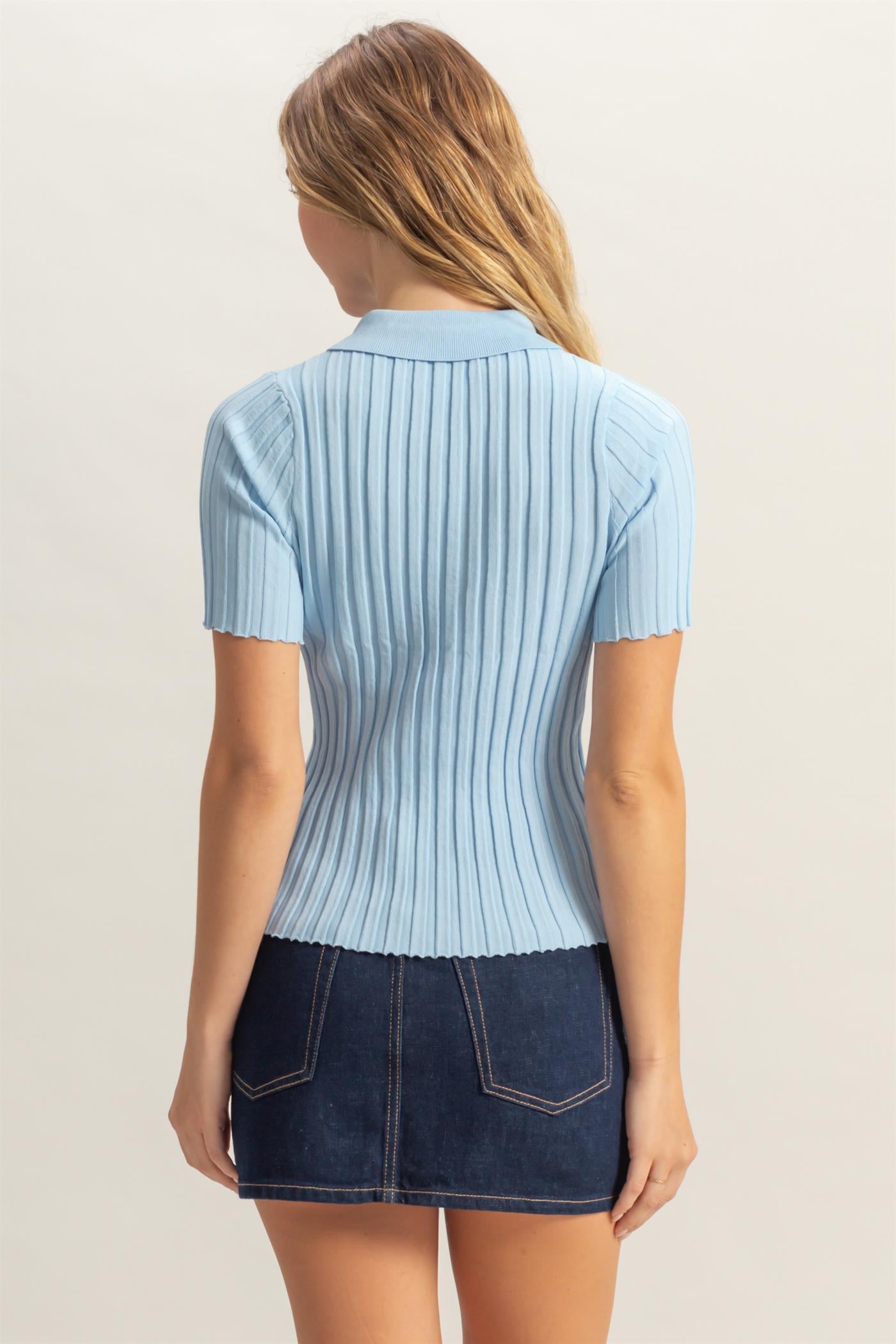 Wholesale Rib Knitted Short Sleeve Polo Top Clothing Tops DZ25C246 ICE BLUE DOUBLE ZERO