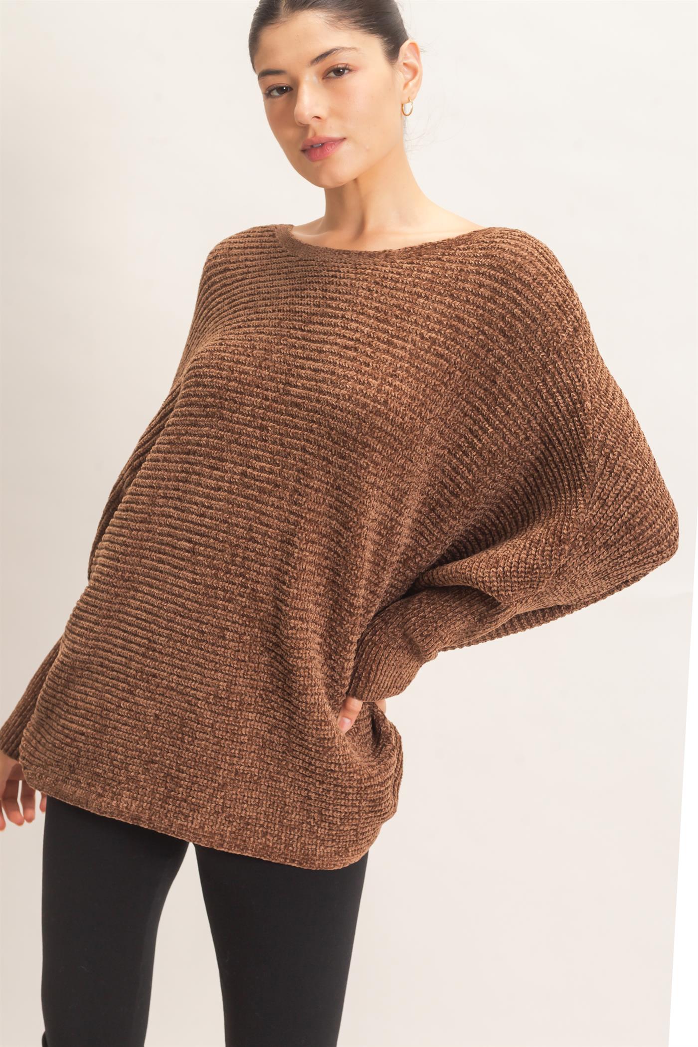 Wholesale Chenille Boat Neck Dolman Sleeve Sweater Sweaters HF26F185 BROWN HYFVE
