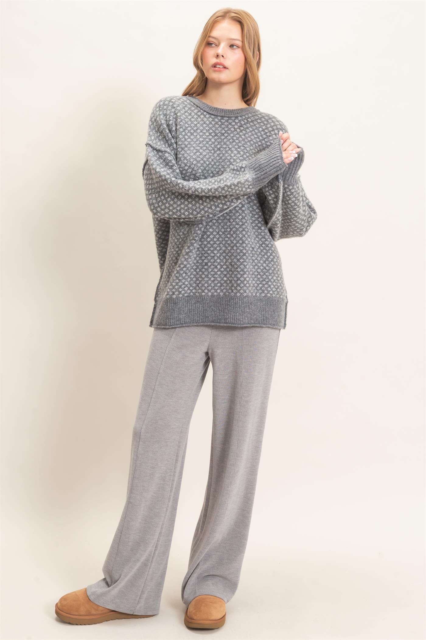 Wholesale Diamond Jacquard Knit Sweater Sweaters HF26E891 GRAY HYFVE