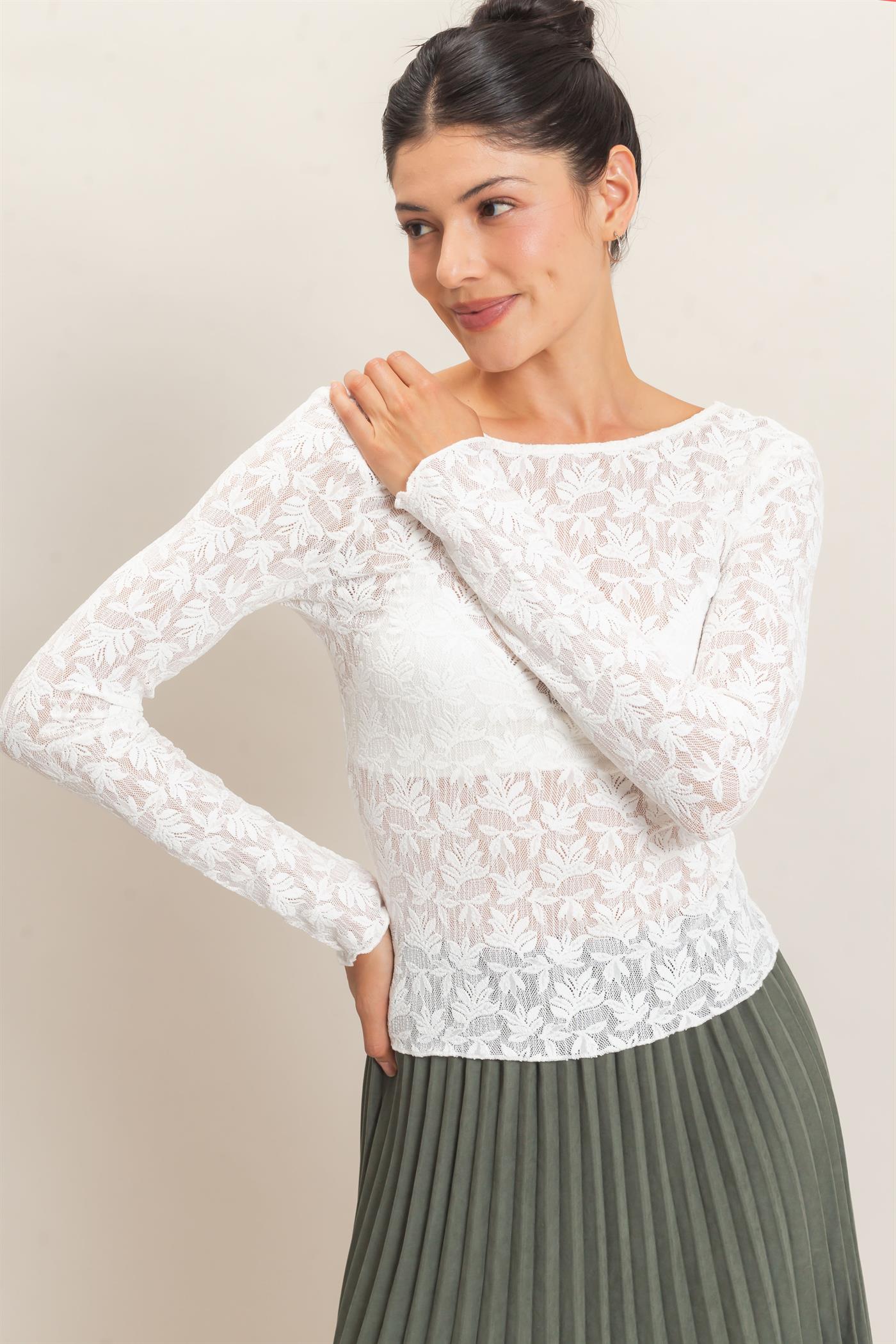Wholesale Floral Lace Long Sleeve Top Clothing Tops HF26E309 OFF WHITE HYFVE
