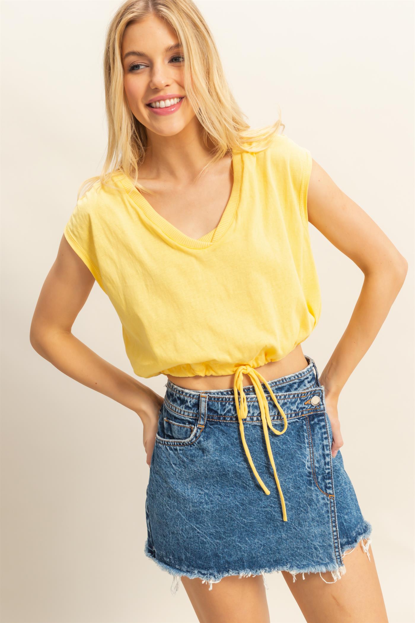 Wholesale Cap Sleeve Drawstring Waist Knit Top Clothing Tops HF25C879 YELLOW HYFVE
