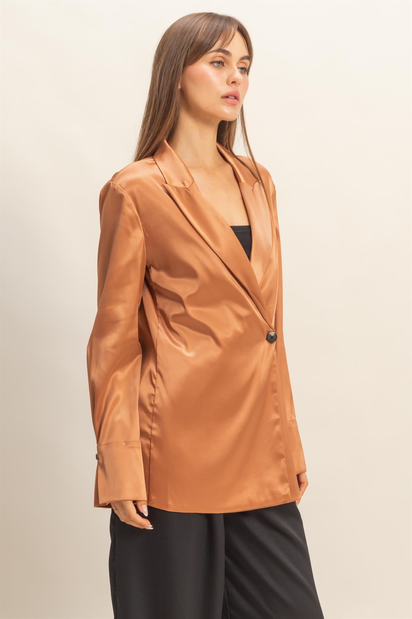 Wholesale Satin Long Sleeve Blazer Coats & Jackets HF23G242 BROWN HYFVE