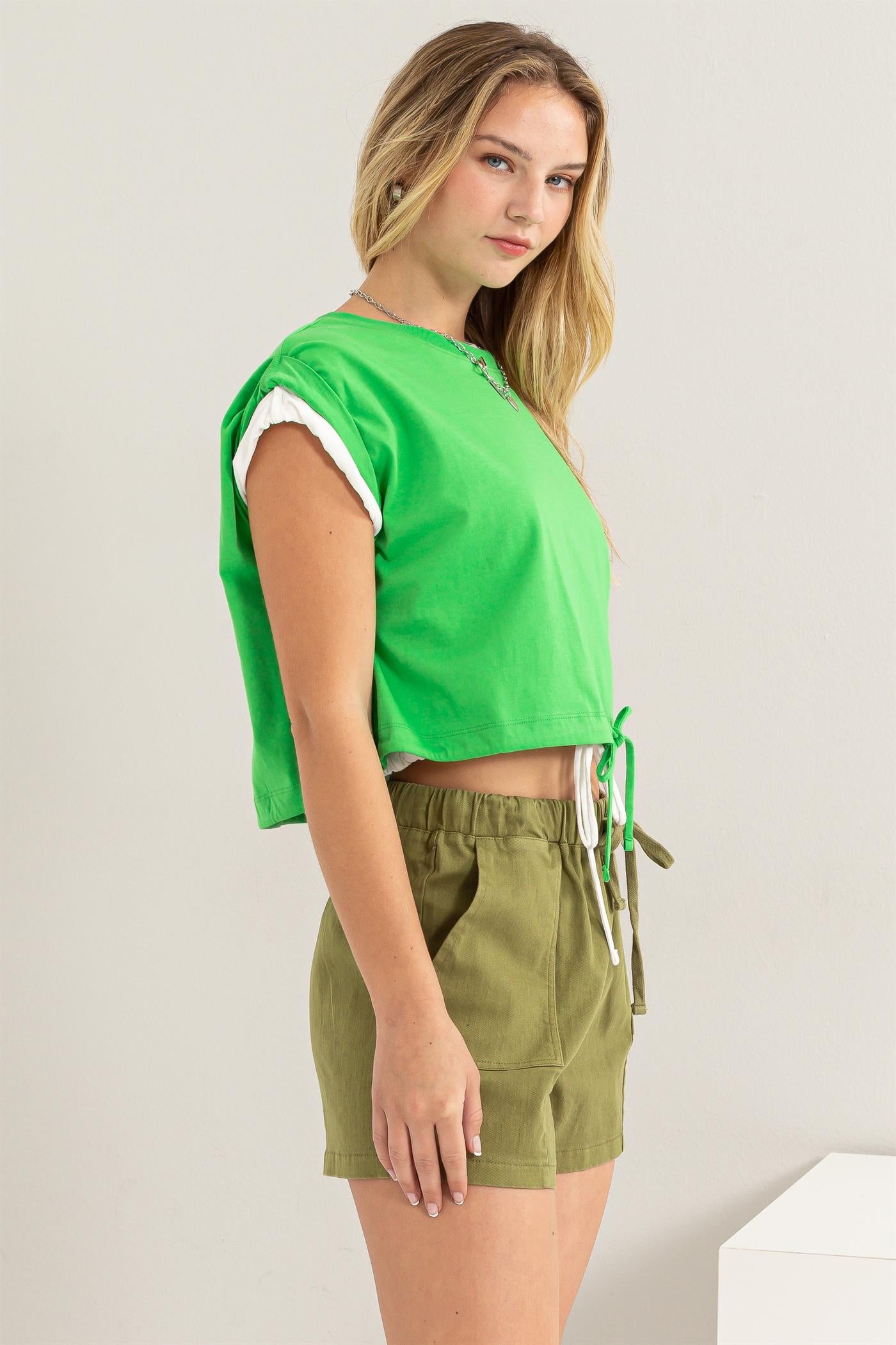 Wholesale Drawstring Hem Crop Top Clothing Tops DZ23E153 GREEN DOUBLE ZERO