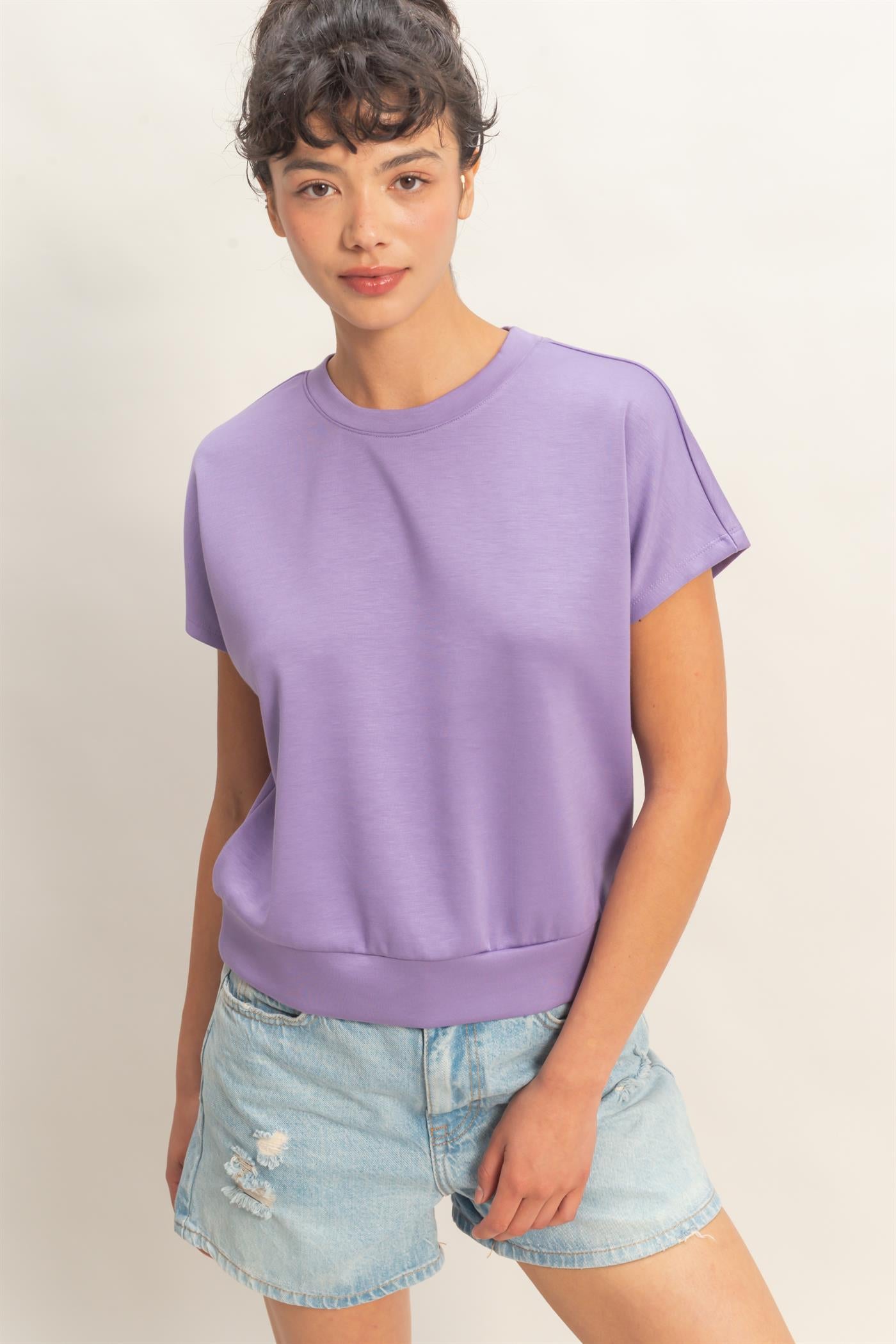 Wholesale Crew Neck Short Dolman Sleeve Top Clothing Tops DZ26C205 DUSTY PURPLE DOUBLE ZERO