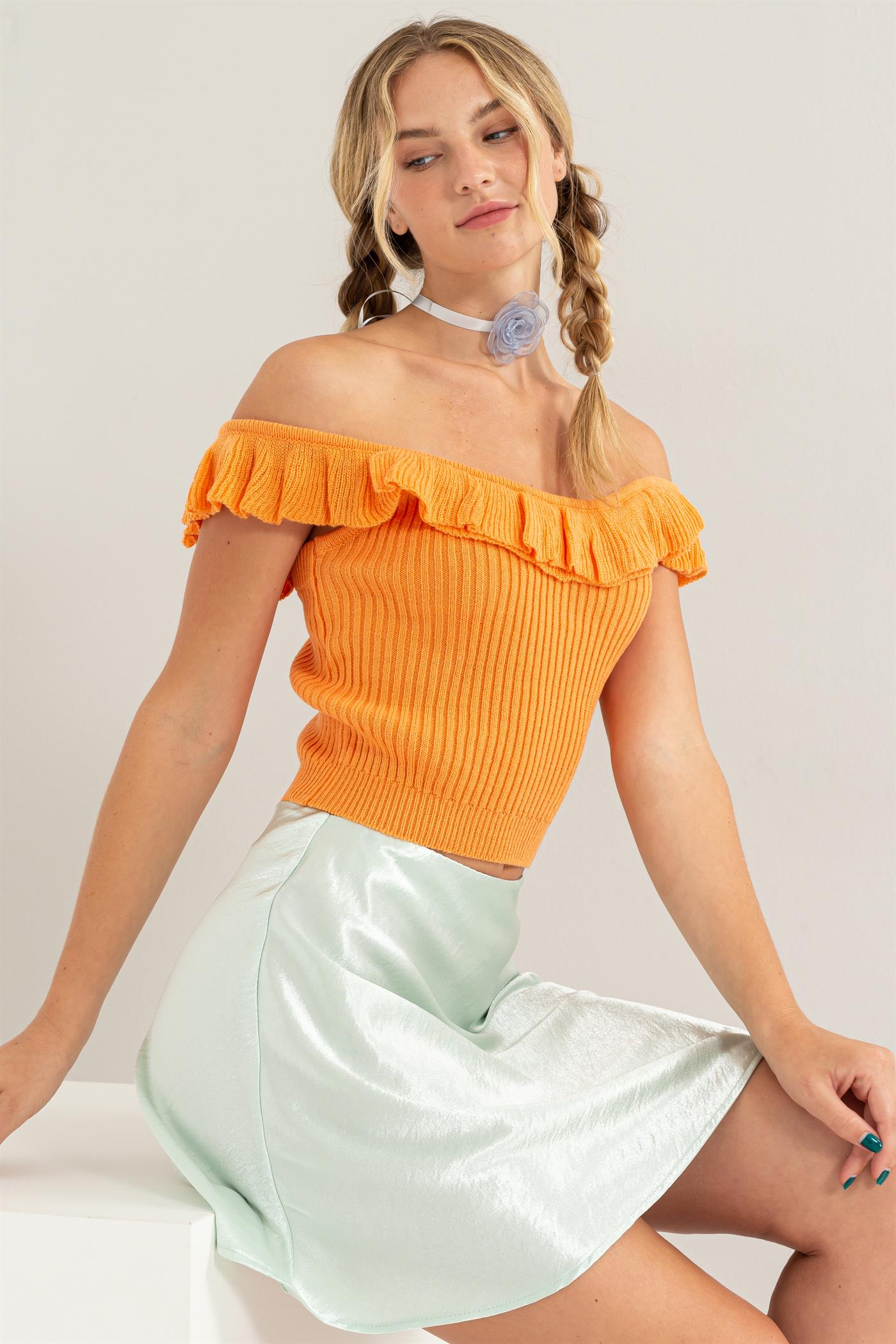 Wholesale Ribbed Ruffle Crop Top Clothing Tops DZ24A505 ORANGE DOUBLE ZERO