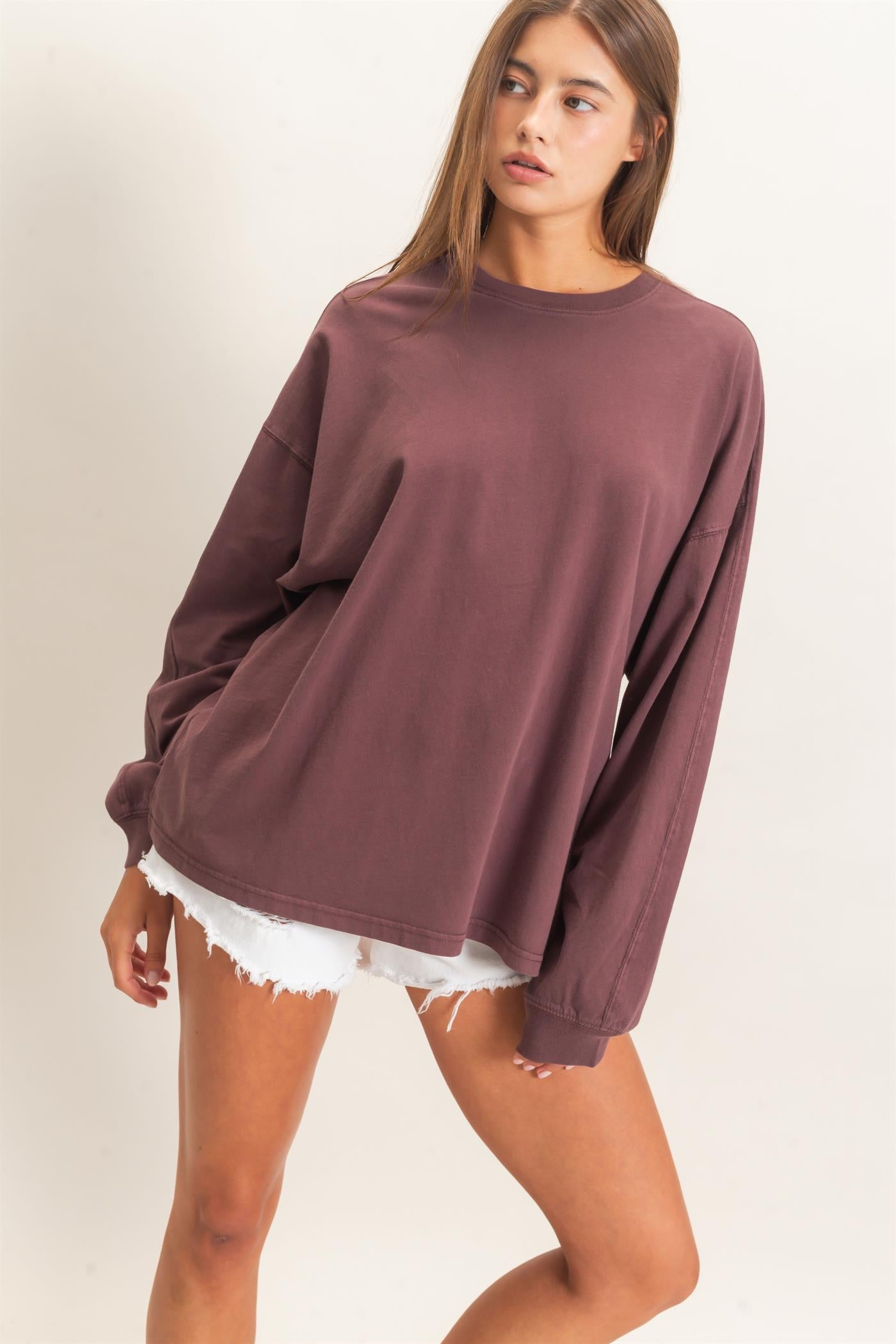 Wholesale Pigment Dye Oversized Long Sleeve Top Clothing Tops DZ26A825 COCOA DOUBLE ZERO