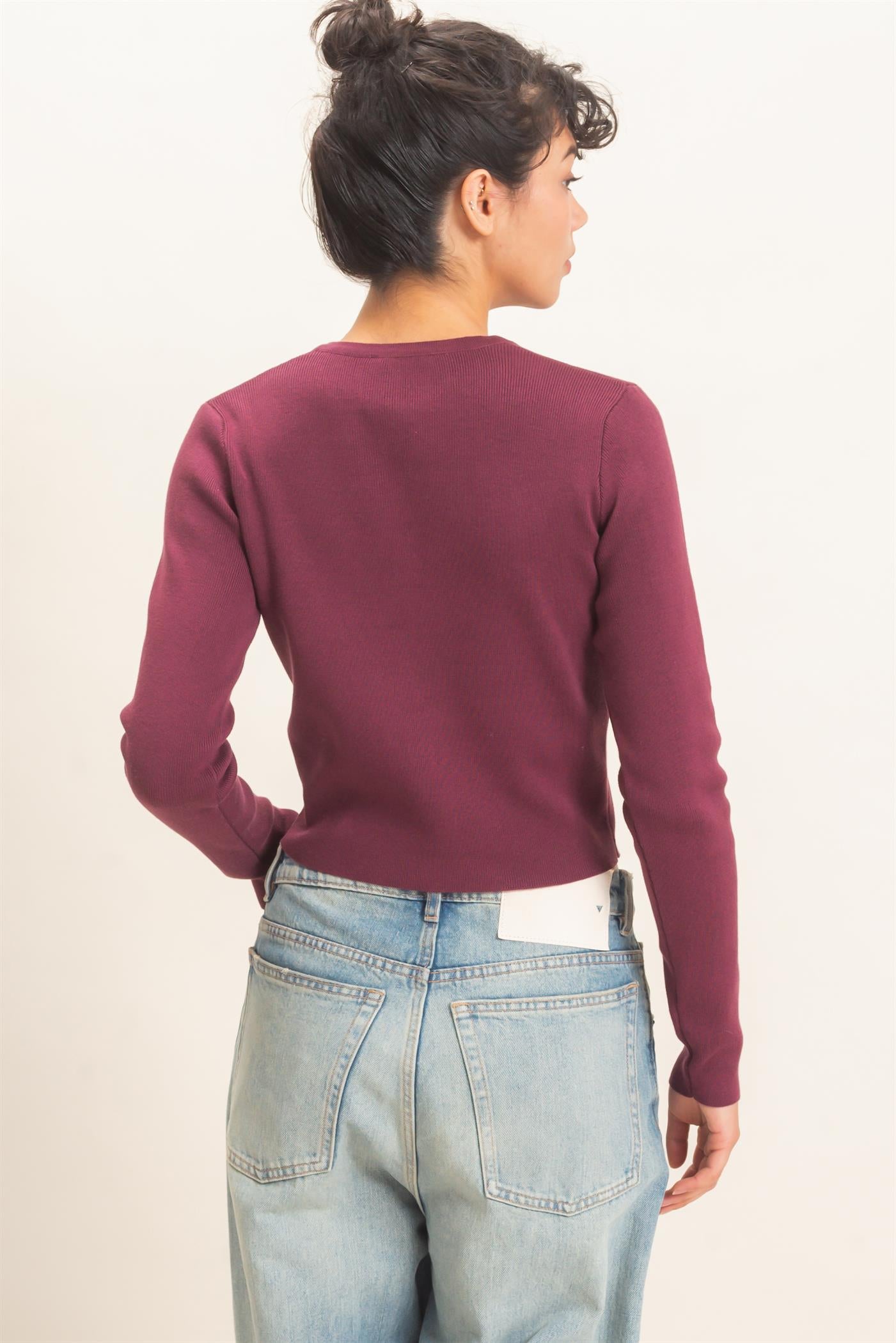 Wholesale Ribbed Crew Neck Cardigan Cardigans DZ27A153 DARK CHERRY DOUBLE ZERO