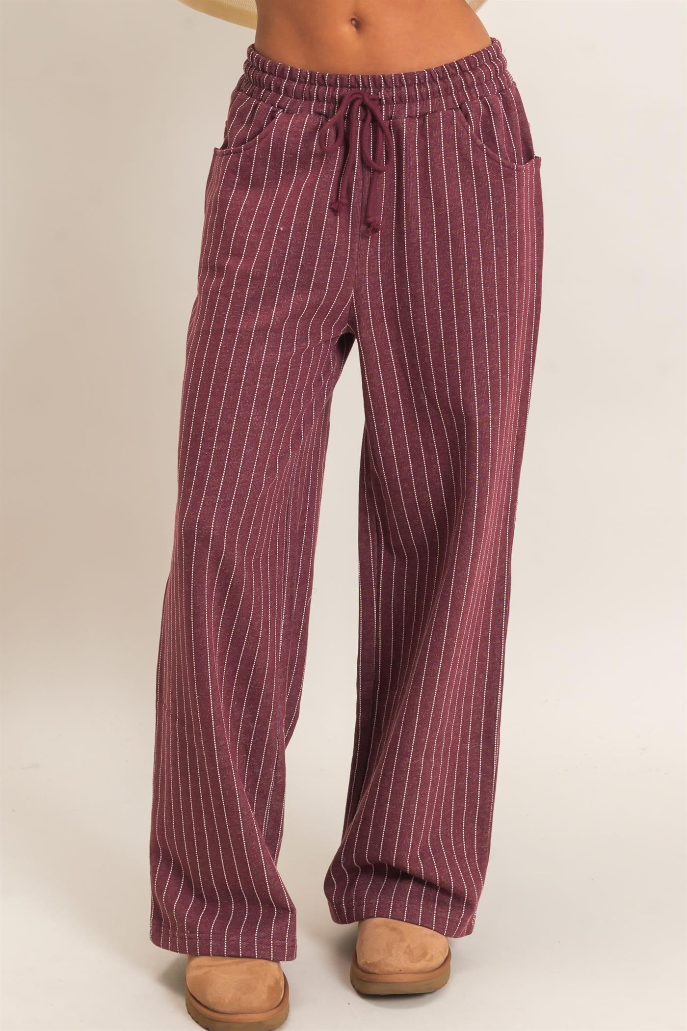 Wholesale Pinstripe Elastic Waist Sweatpants Pants DZ26A813 DARK CHERRY DOUBLE ZERO