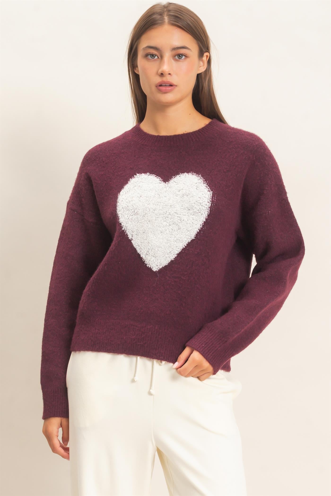 Wholesale Heart Graphic Sweater Sweaters DZ26E430 DARK CHERRY DOUBLE ZERO