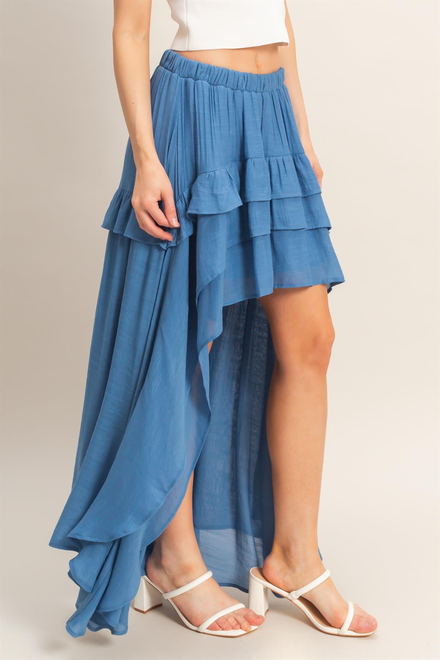 Wholesale Tiered Ruffle High-Low Skirt Skirts HF26C194 DENIM BLUE HYFVE