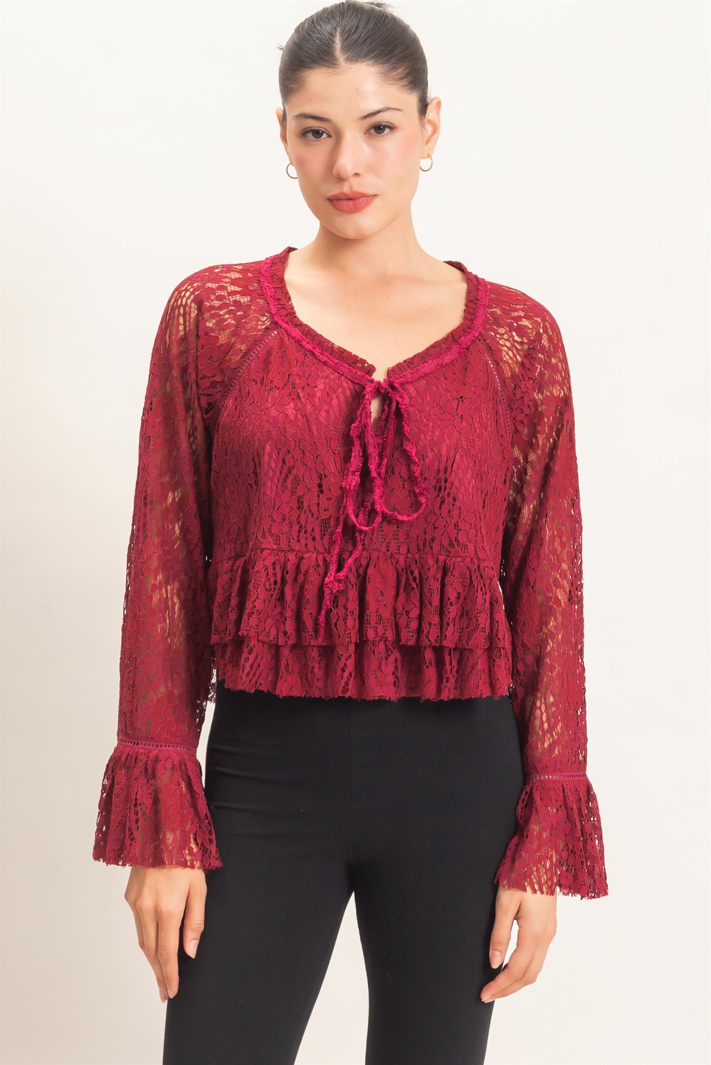 Wholesale Lace Bell Sleeve Top Blouses HF26C768 BURGUNDY HYFVE