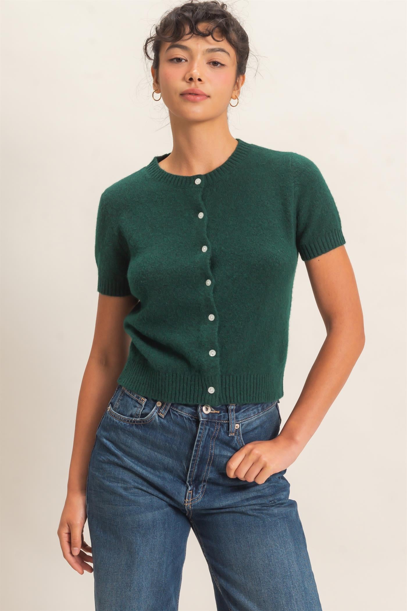 Wholesale Crew Neck Short Sleeve Cardigan Cardigans DZ26E108 DARK GREEN DOUBLE ZERO