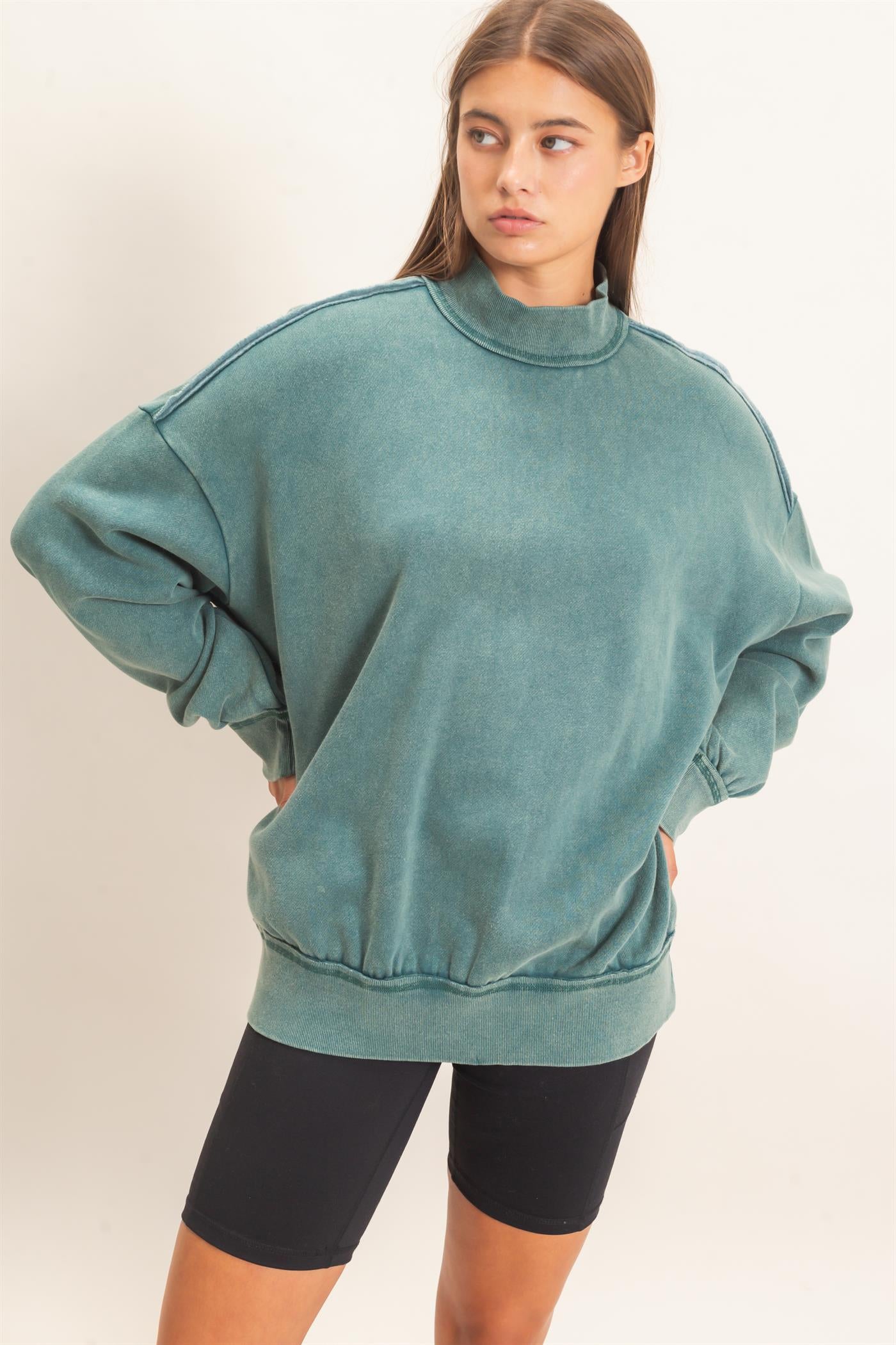 Wholesale Acid Washed Mock Neck Sweatshirt Sweatshirts DZ26E656 DARK TEAL DOUBLE ZERO