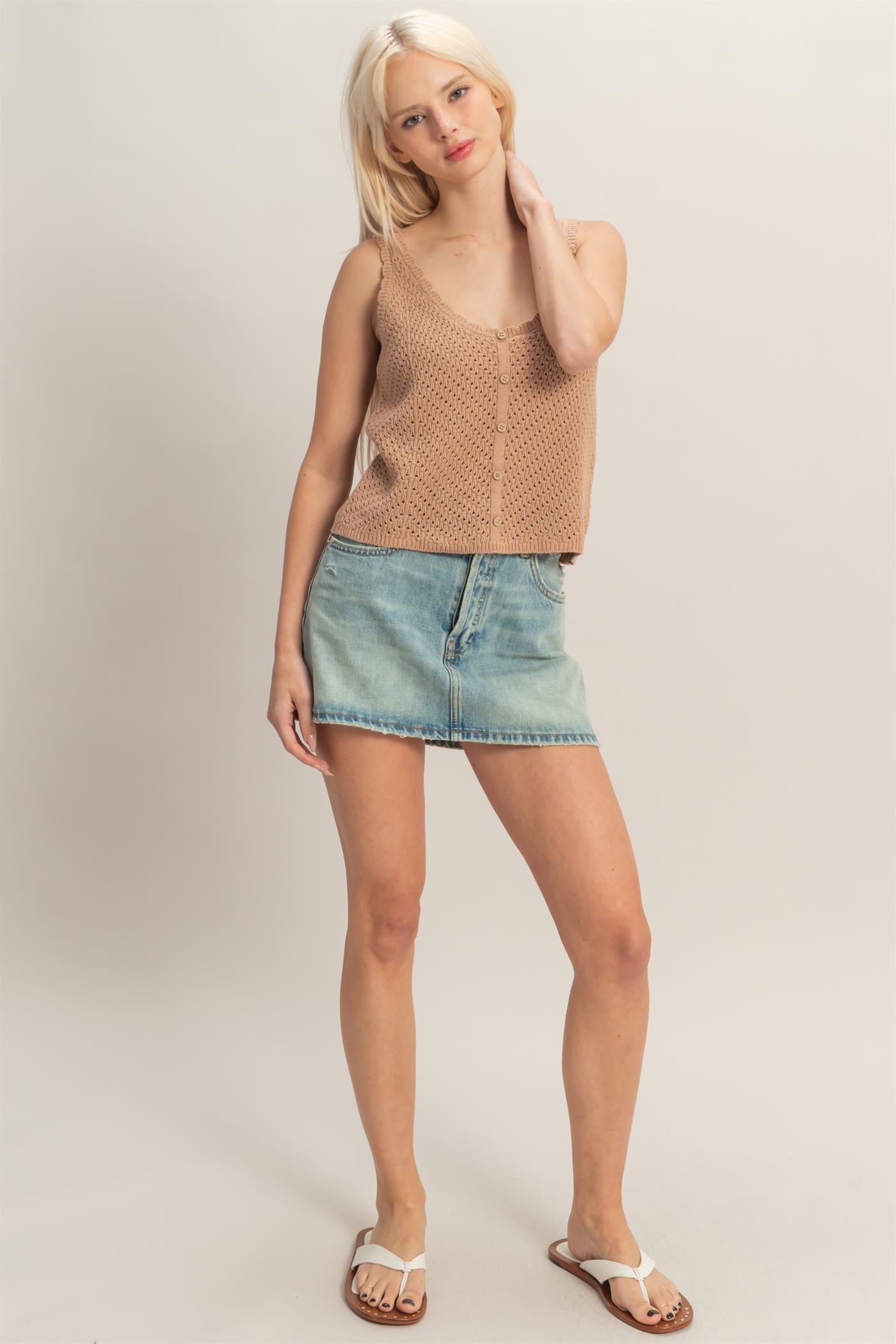 Wholesale Open Knit Scallop Edge Button Front Tank Top Tank Tops DZ26A221 DARK TAUPE DOUBLE ZERO