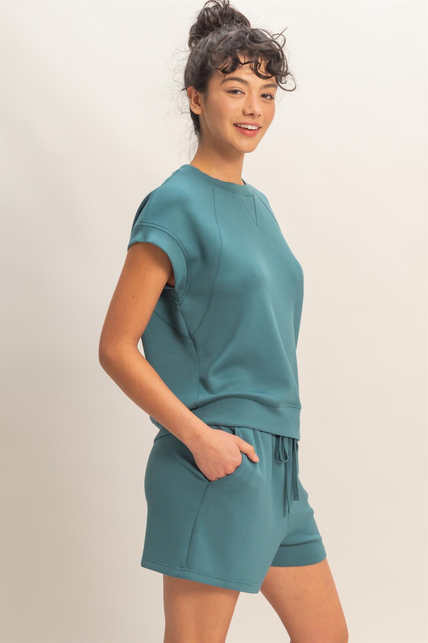 Wholesale Crew Neck Sleeveless Top And Shorts Set Clothing DZ26C575-SET DARK TEAL DOUBLE ZERO