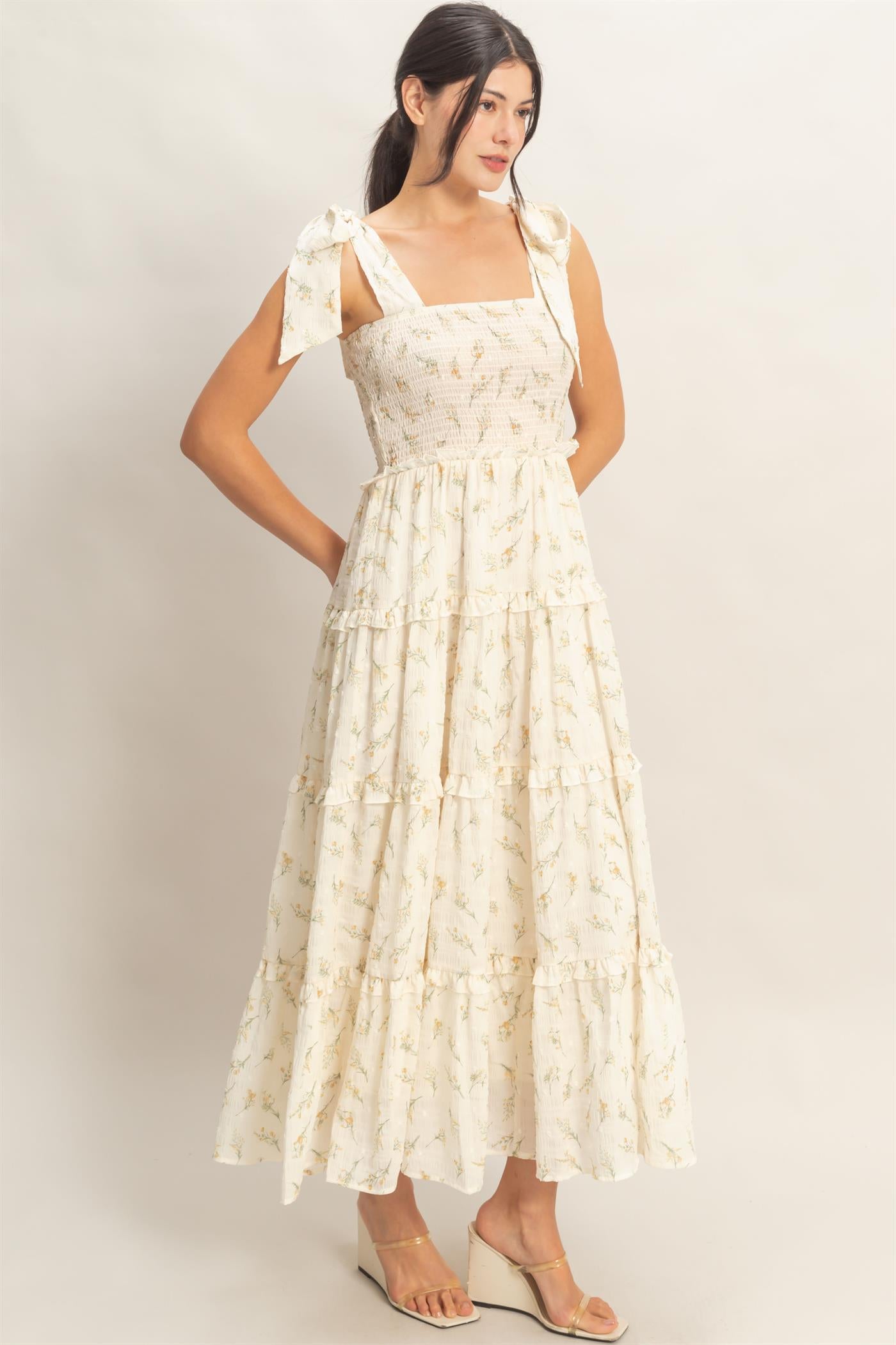 Wholesale Floral Tiered Maxi Dress Dresses HF26A156 YELLOW HYFVE