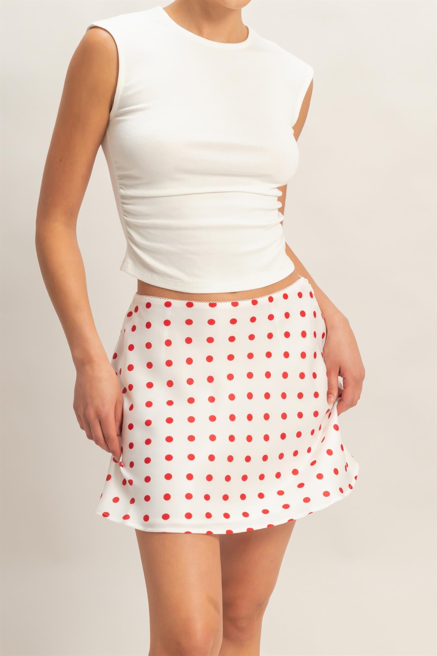 Wholesale Satin Polka Dot Mini Skirt Skirts DZ26C207 RED DOUBLE ZERO
