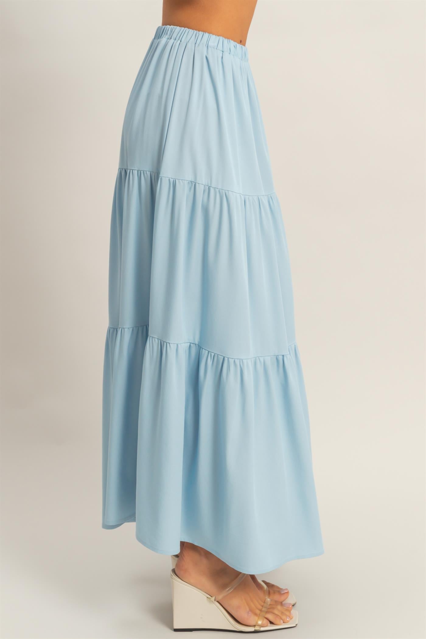 Wholesale Elastic Waist 3-Tier Skirt Skirts HF26E340-D L.BLUE HYFVE