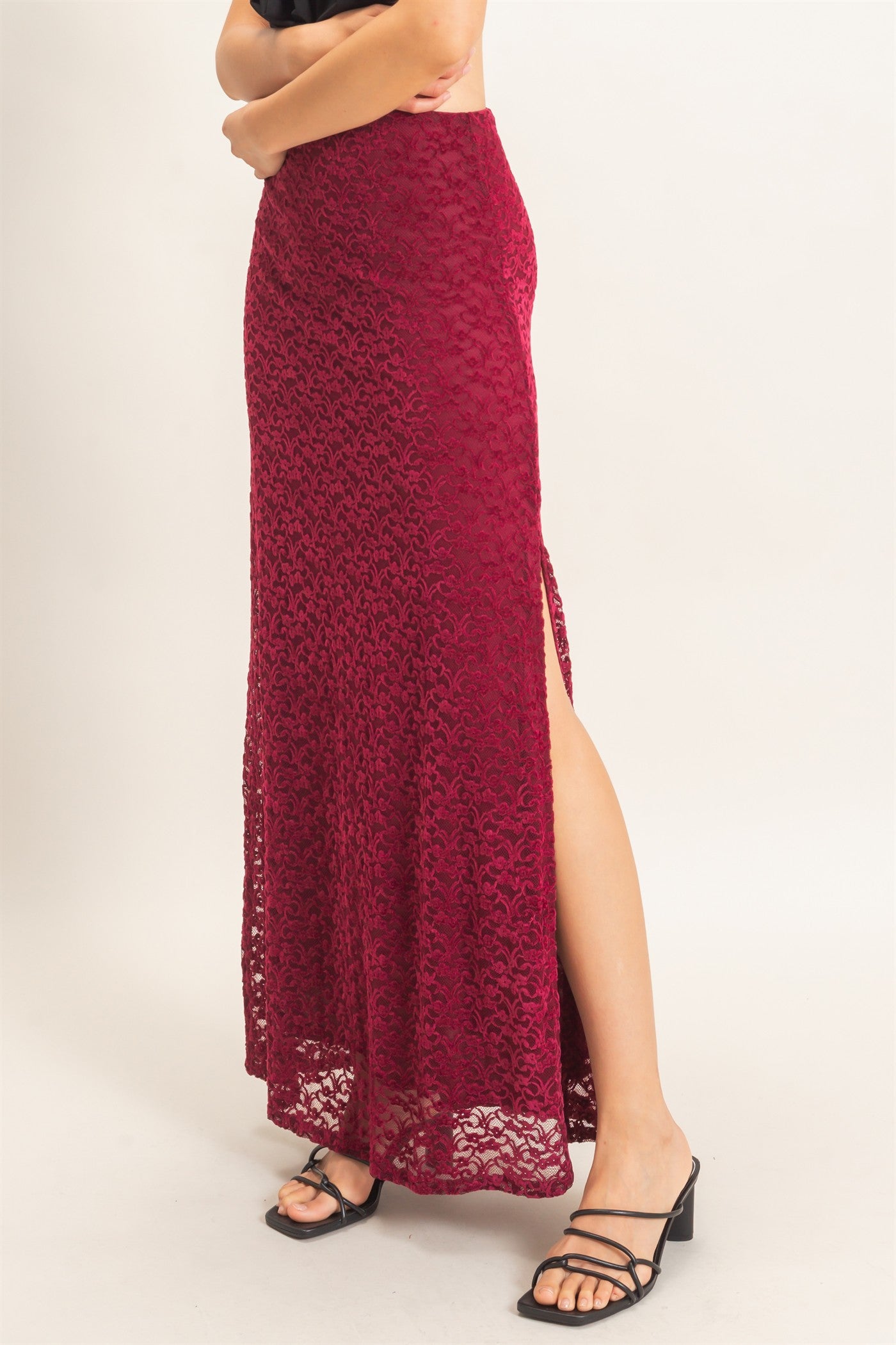 Wholesale Velvet Lace Maxi Skirt Skirts HF26E702 BURGUNDY HYFVE