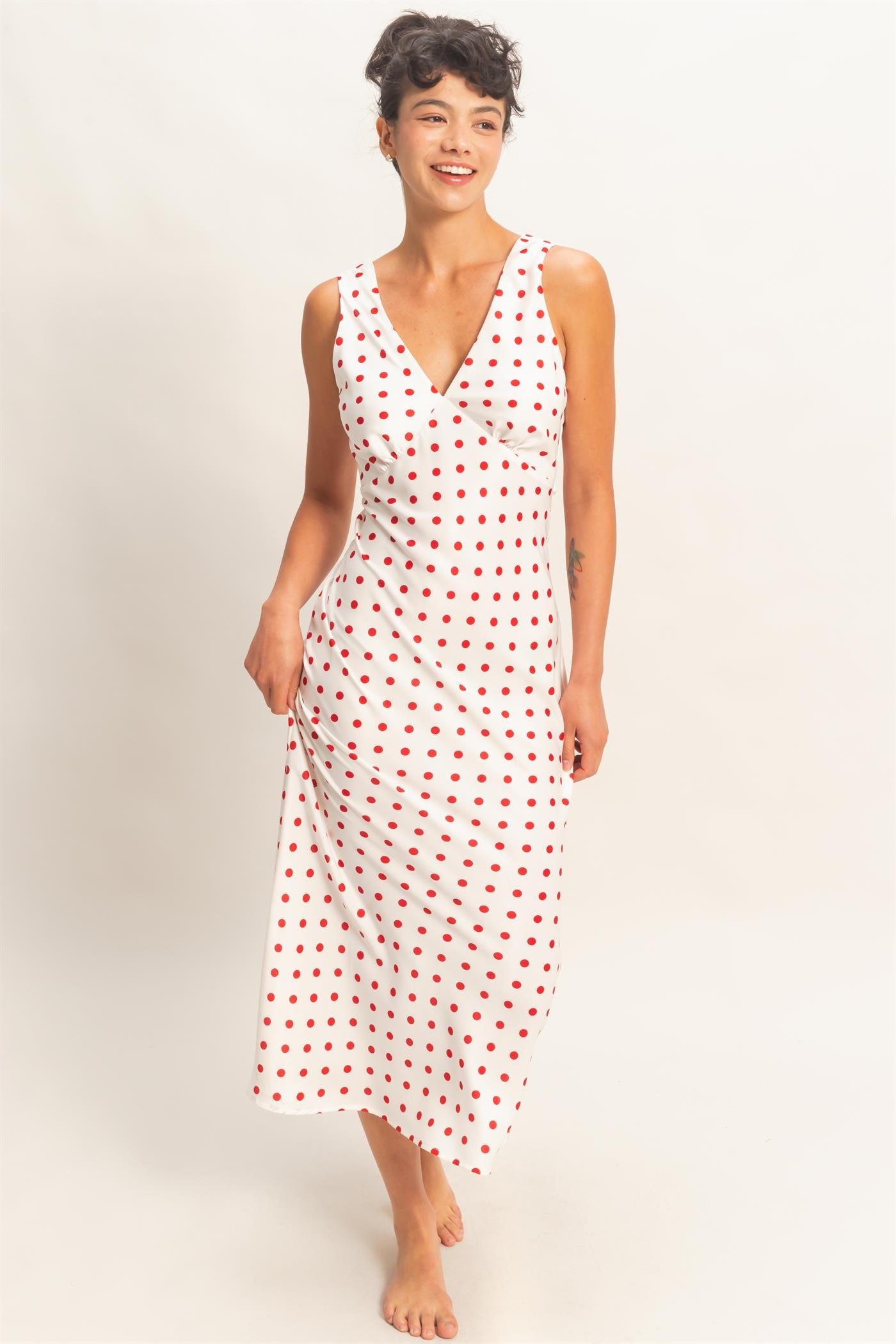 Wholesale Polka Dot Sleeveless Maxi Dress Dresses DZ25E063 RED DOUBLE ZERO