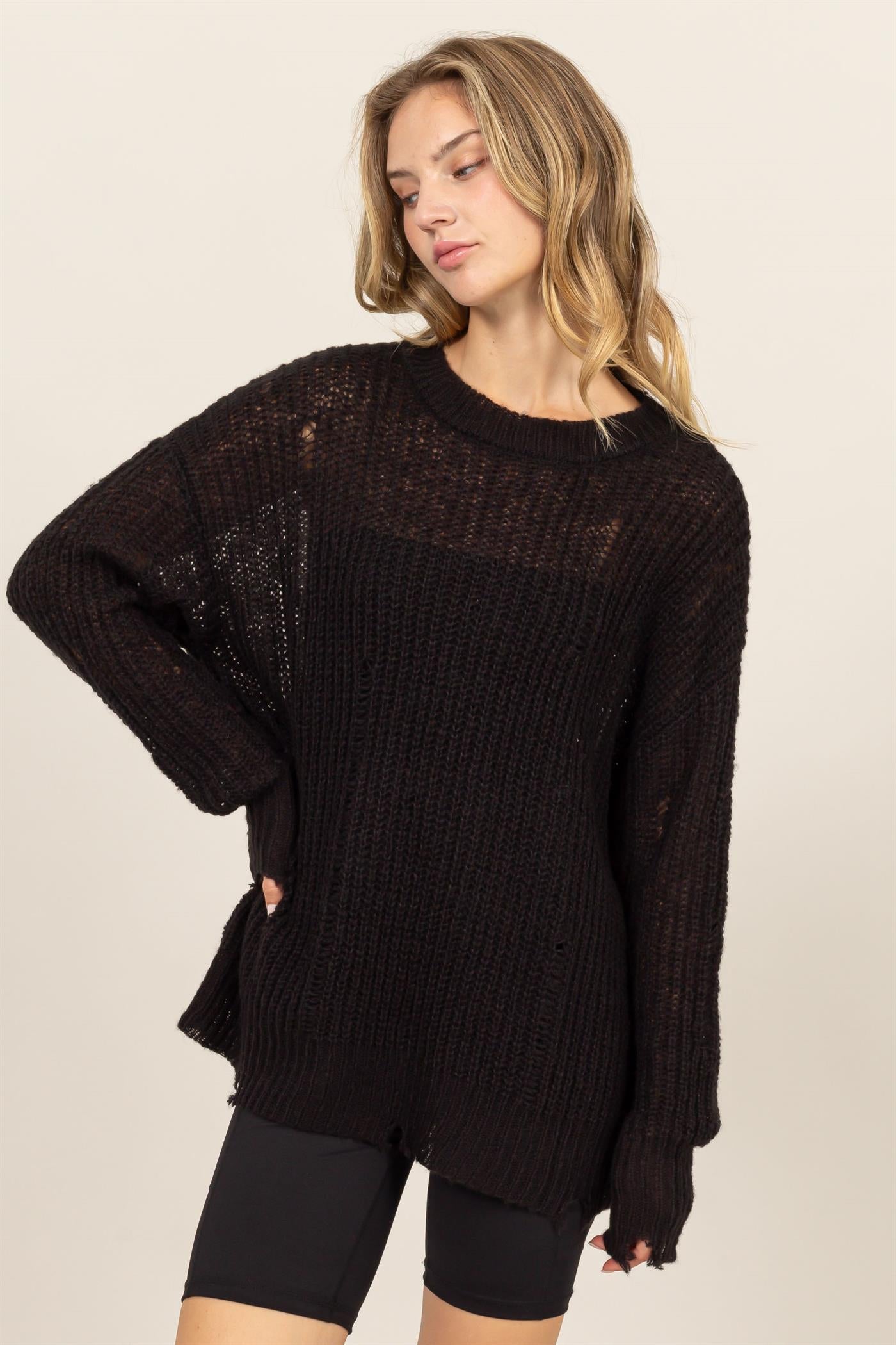 Wholesale Distressed Knit Sweater Sweaters DZ23F192 BLACK DOUBLE ZERO