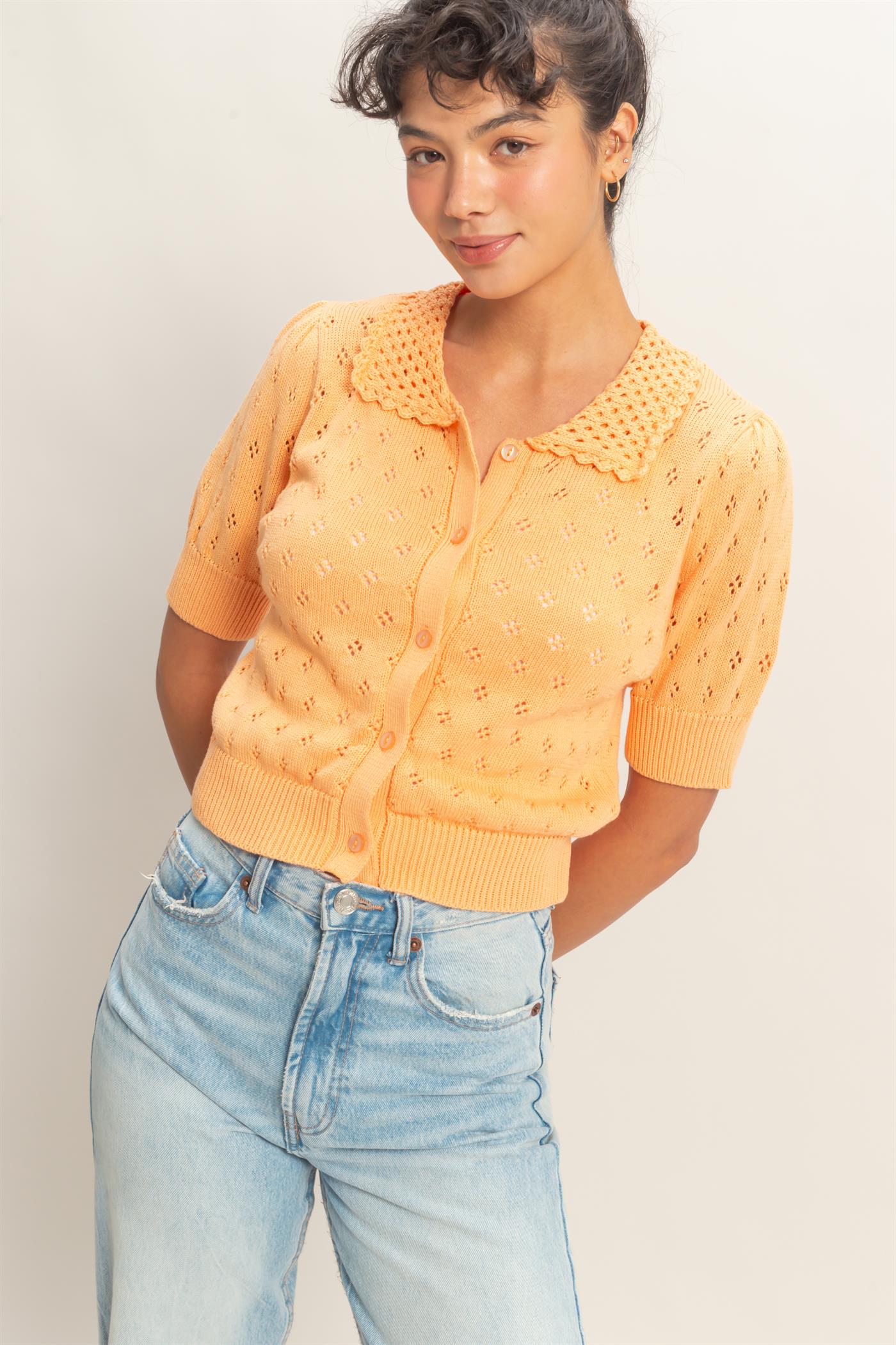 Wholesale Pointelle Collar Button-Up Puff Sleeve Knit Top Clothing Tops DZ26A748 APRICOT HYFVE