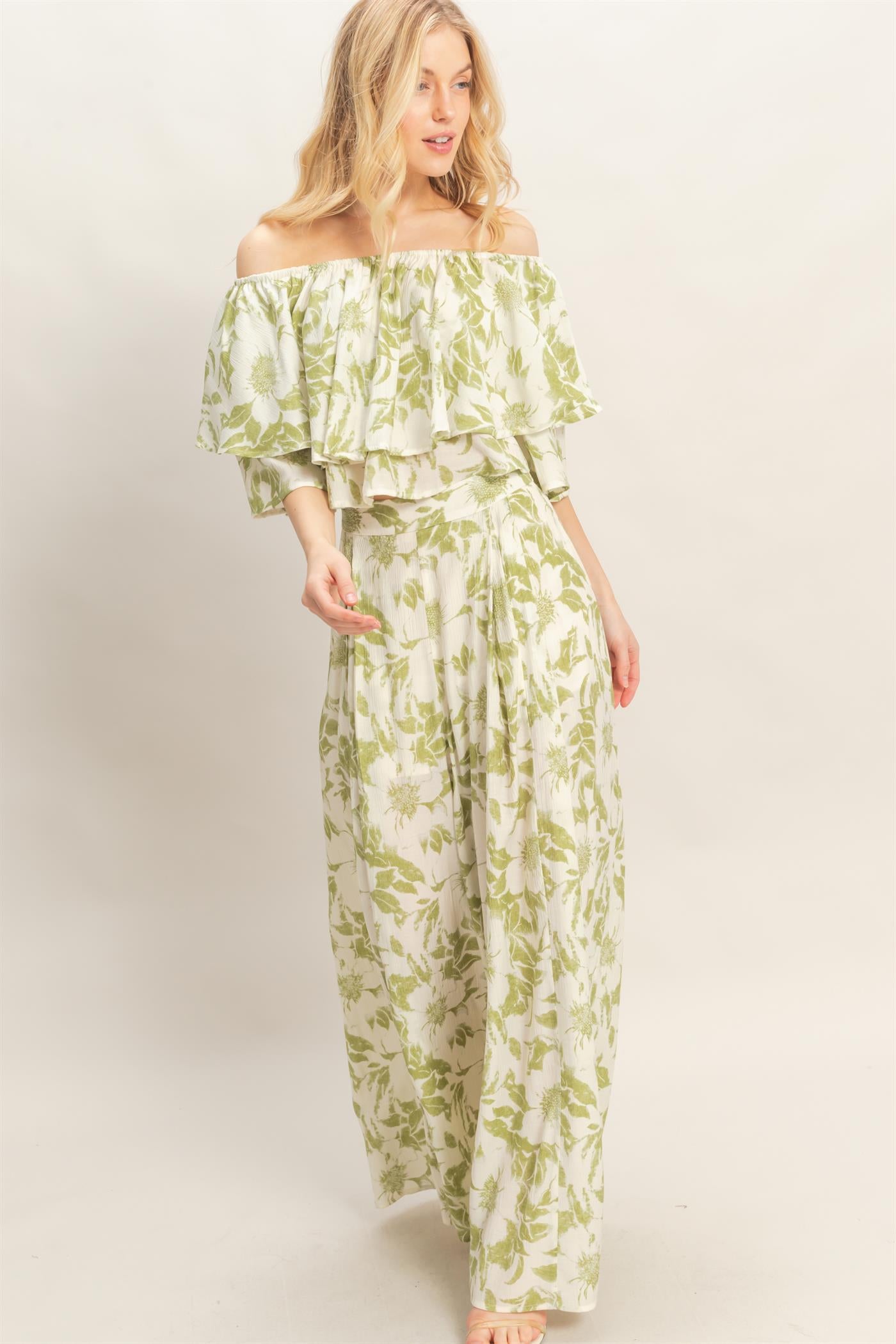 Wholesale Floral Off-Shoulder Top & Pants Set Clothing Tops HF26C832-SET LIGHT OLIVE HYFVE