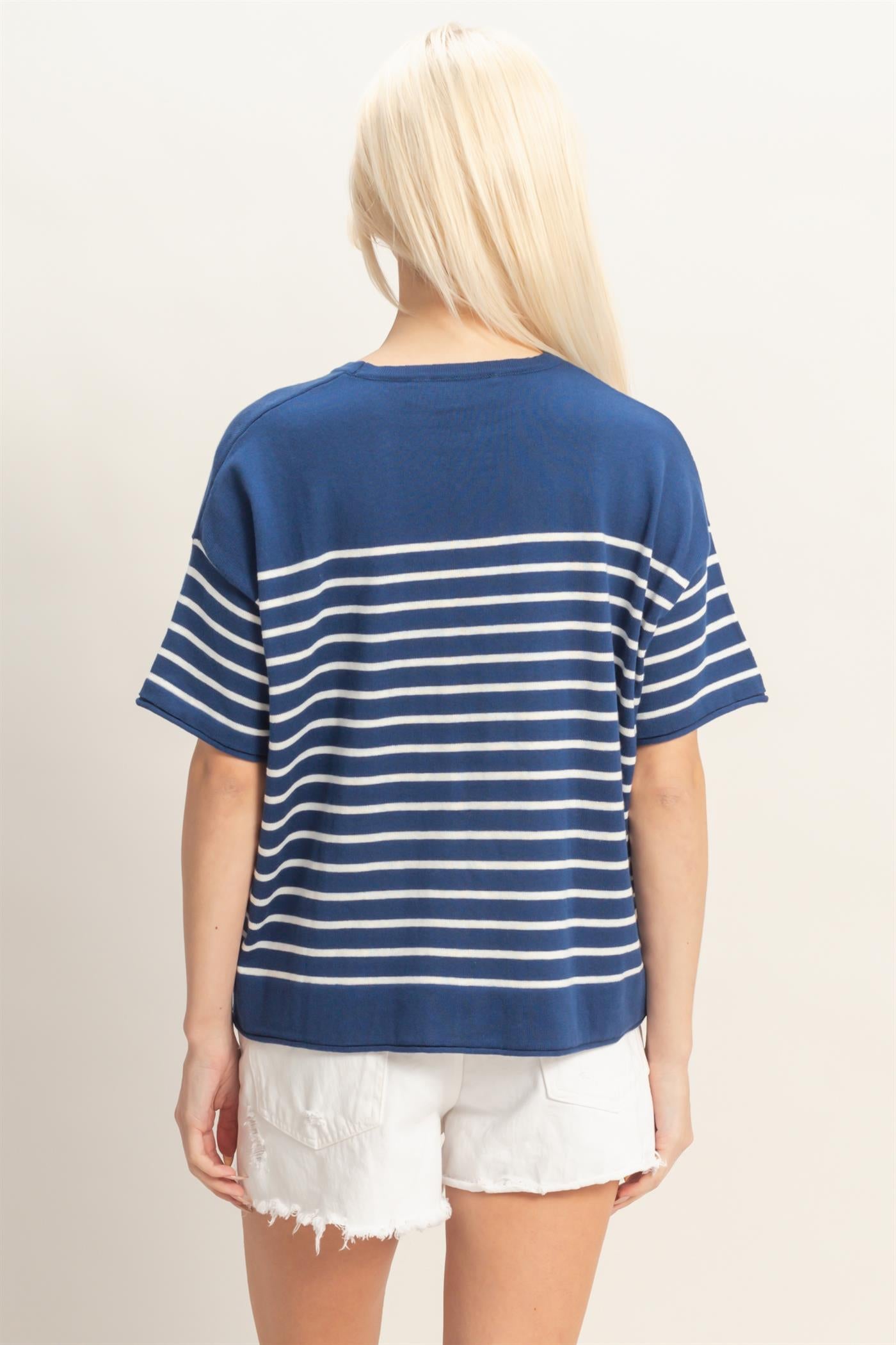 Wholesale Striped Short Sleeve Knit Top Clothing Tops DZ26A838 NAVY DOUBLE ZERO