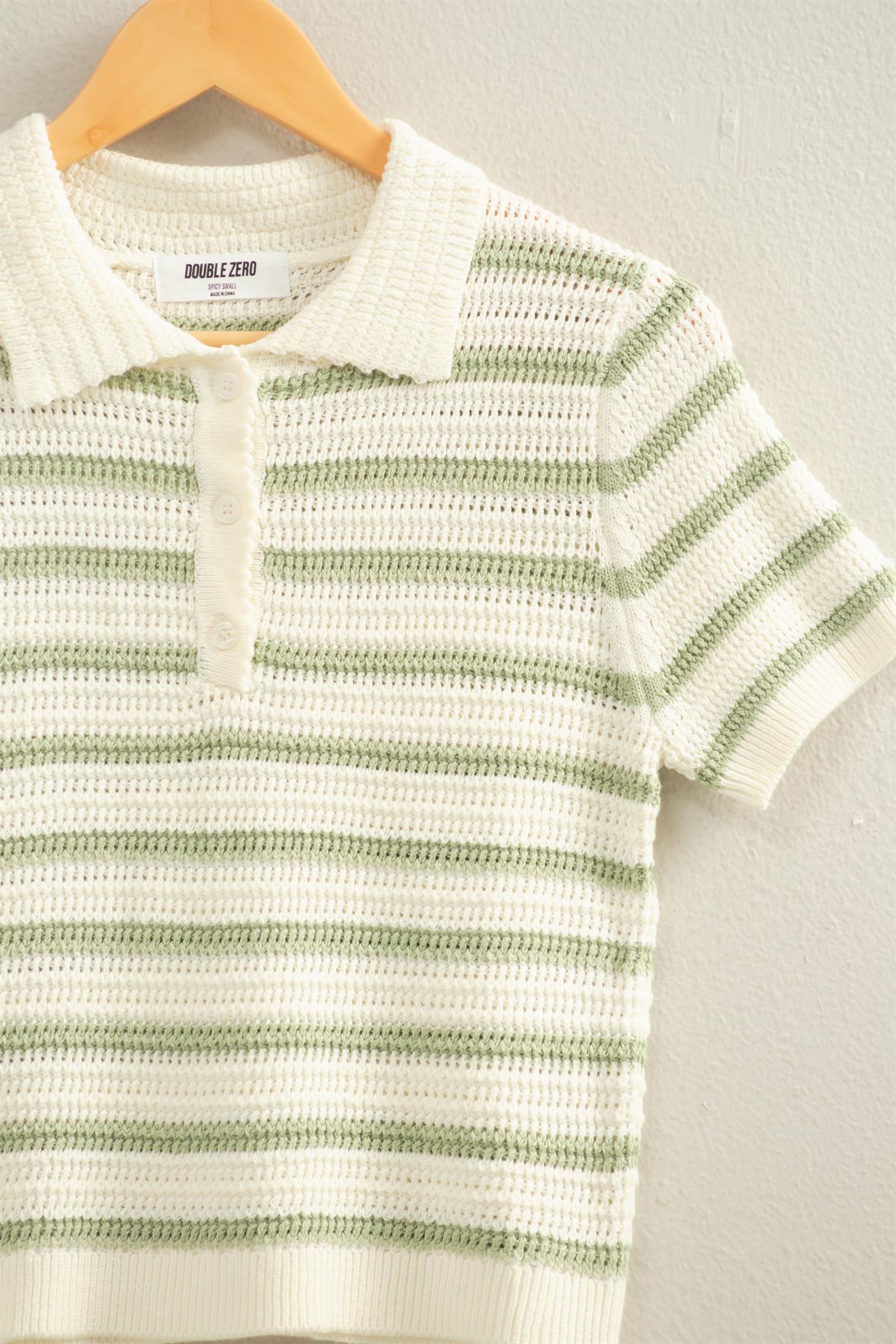 Wholesale Short Sleeve Striped Knit Polo Clothing Tops DZ26A603 SAGE GREEN DOUBLE ZERO