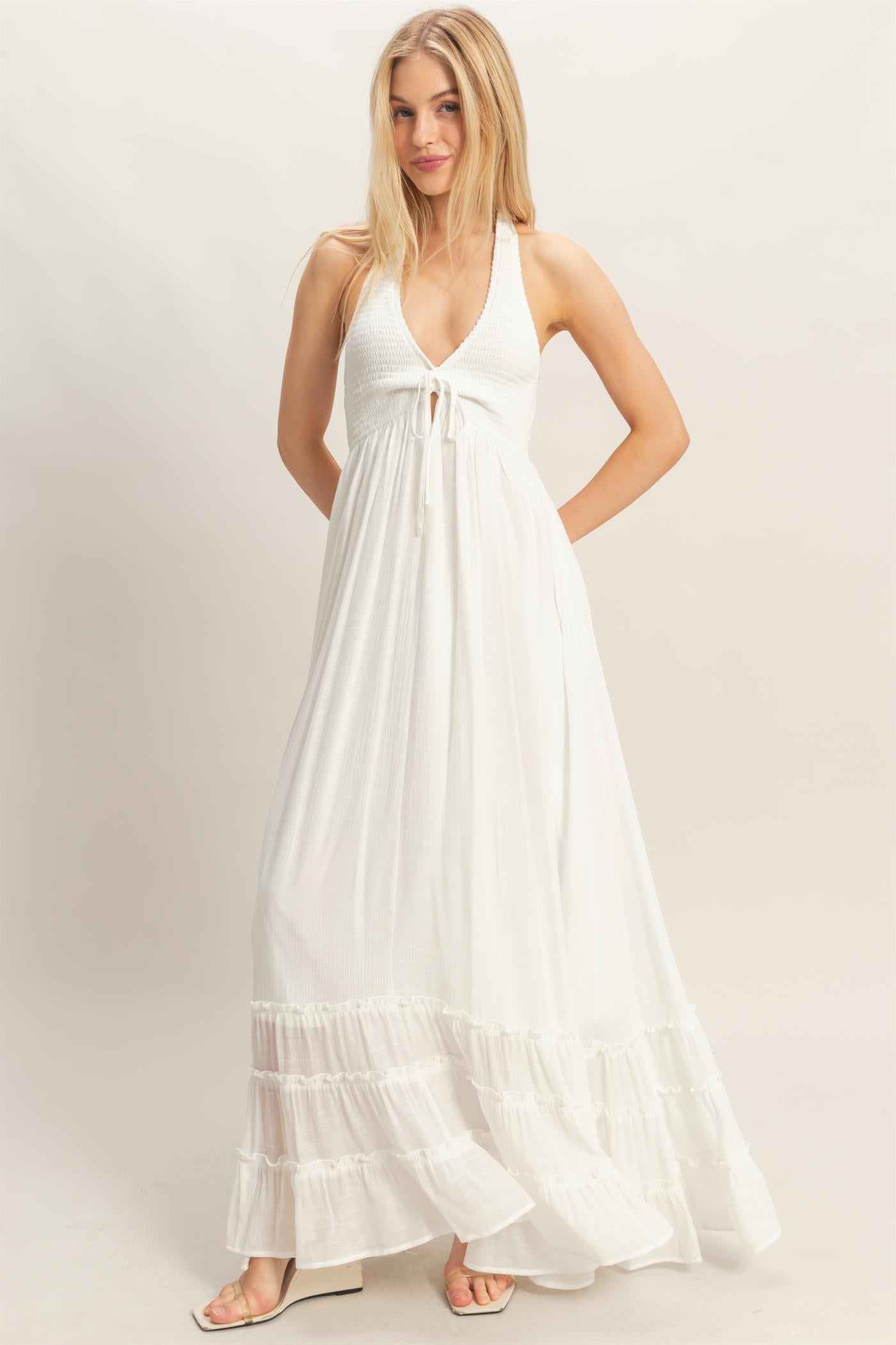 Wholesale Halter Neck Smocked Maxi Dress Dresses HF26C287-D WHITE HYFVE