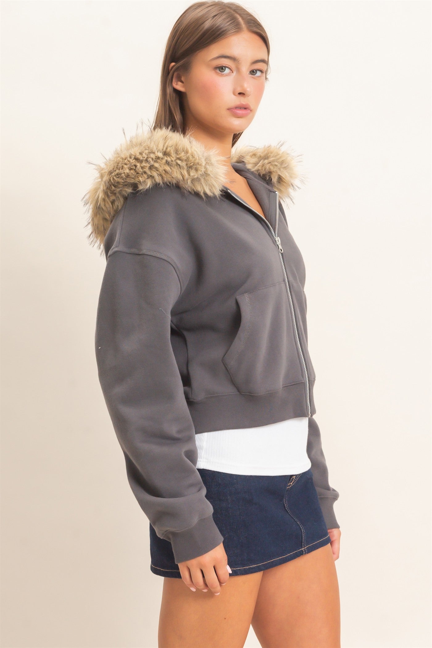 Wholesale Detachable Fur Zip Up Hoodie Hoodies DZ26F396 CHARCOAL DOUBLE ZERO