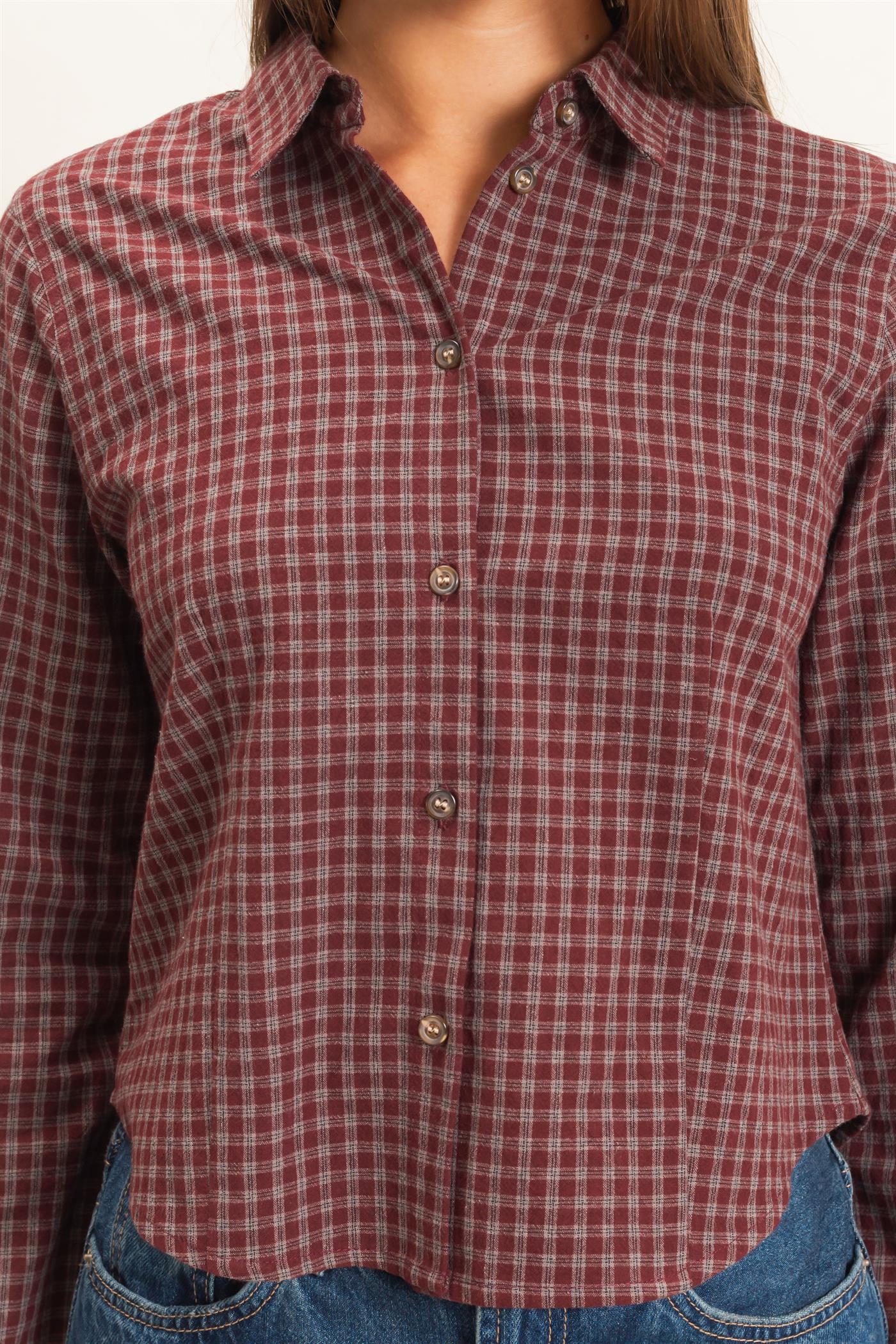 Wholesale Plaid Long Sleeve Shirt Shirts DZ26E910 BURGUNDY DOUBLE ZERO