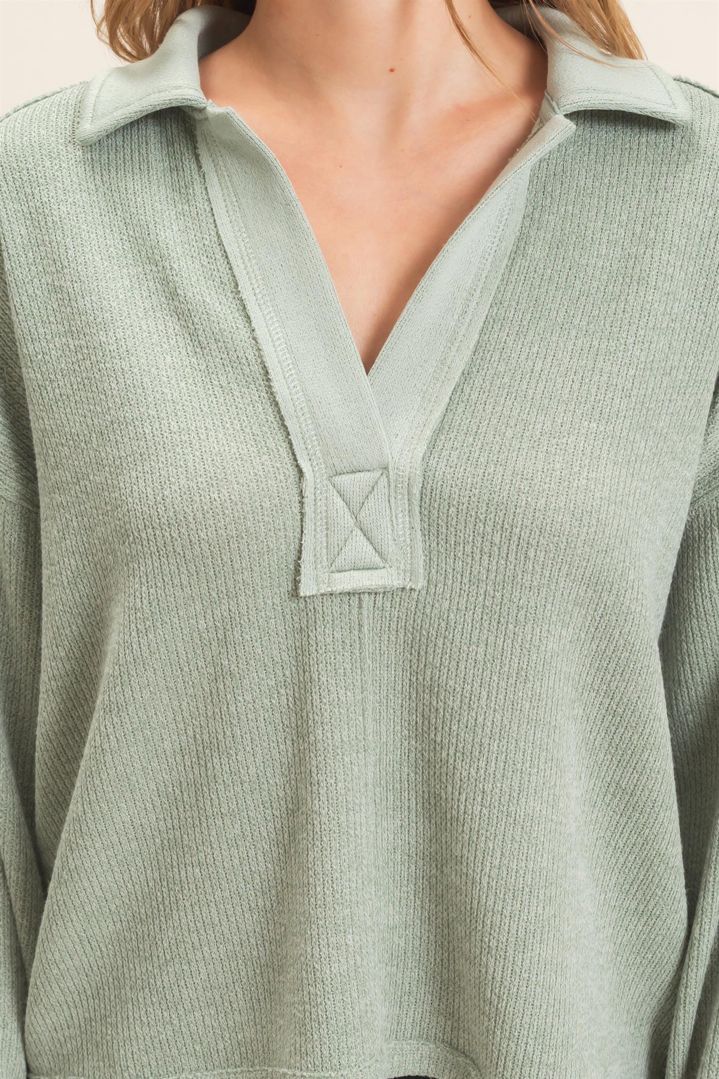 Wholesale Ribbed Collared Pullover Top Clothing Tops HF26E472 SAGE HYFVE